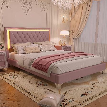 Queen Size Upholstered Bed Frame with LED Lights,Modern Velvet Platform Bed with Tufted Headboard,Pink/Grey