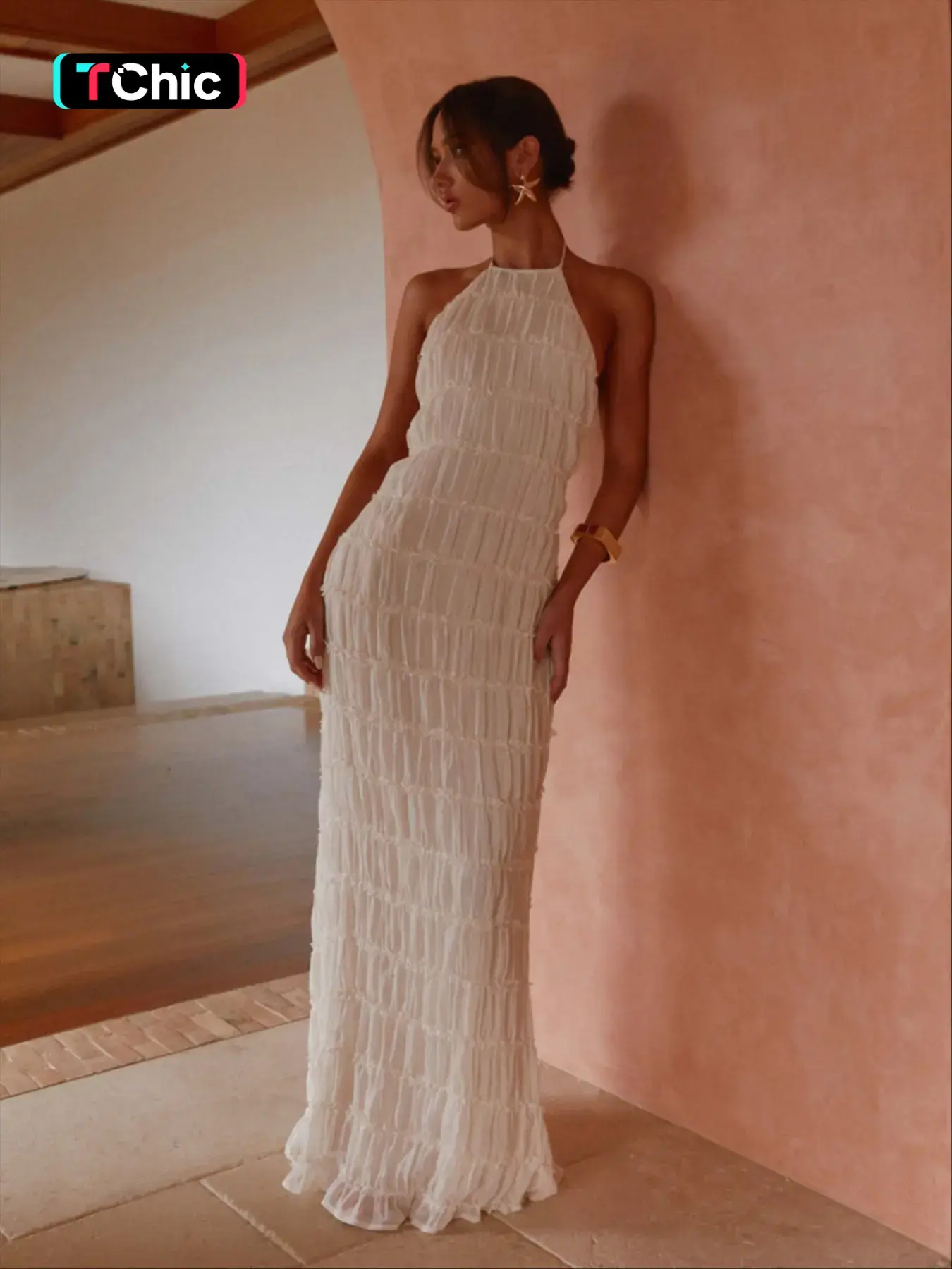 Women's Elegant Backless Halter Sleeveless Knit Maxi Dress Fit, Stylish Womenswear Beach Vacation Dress for Summer, Romantic Casual Evening Wear, Elegant Evening Gown, Backless Sleeveless Dresses