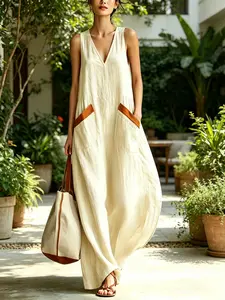Women's Summer New Casual Fashion Chic Sleeveless V-Neck Loose Comfortable Lightweight Solid Dress, Daily Commute, Trendy Ladies' Clothing
