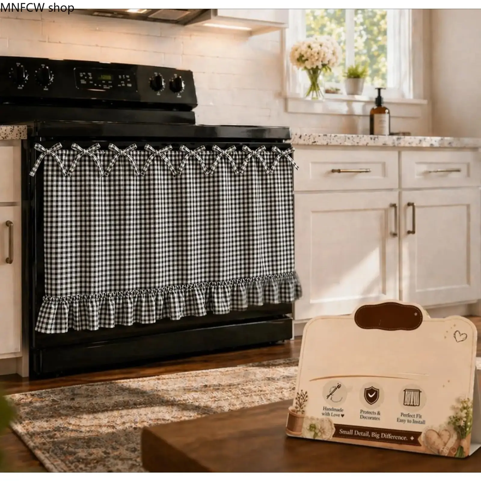 Handmade Cottagecore Gingham Oven Skirt with Ruffles and Bow Ties - Black and White Stove Top Cover, Decorative Cover for Farmhouse Kitchen Decor