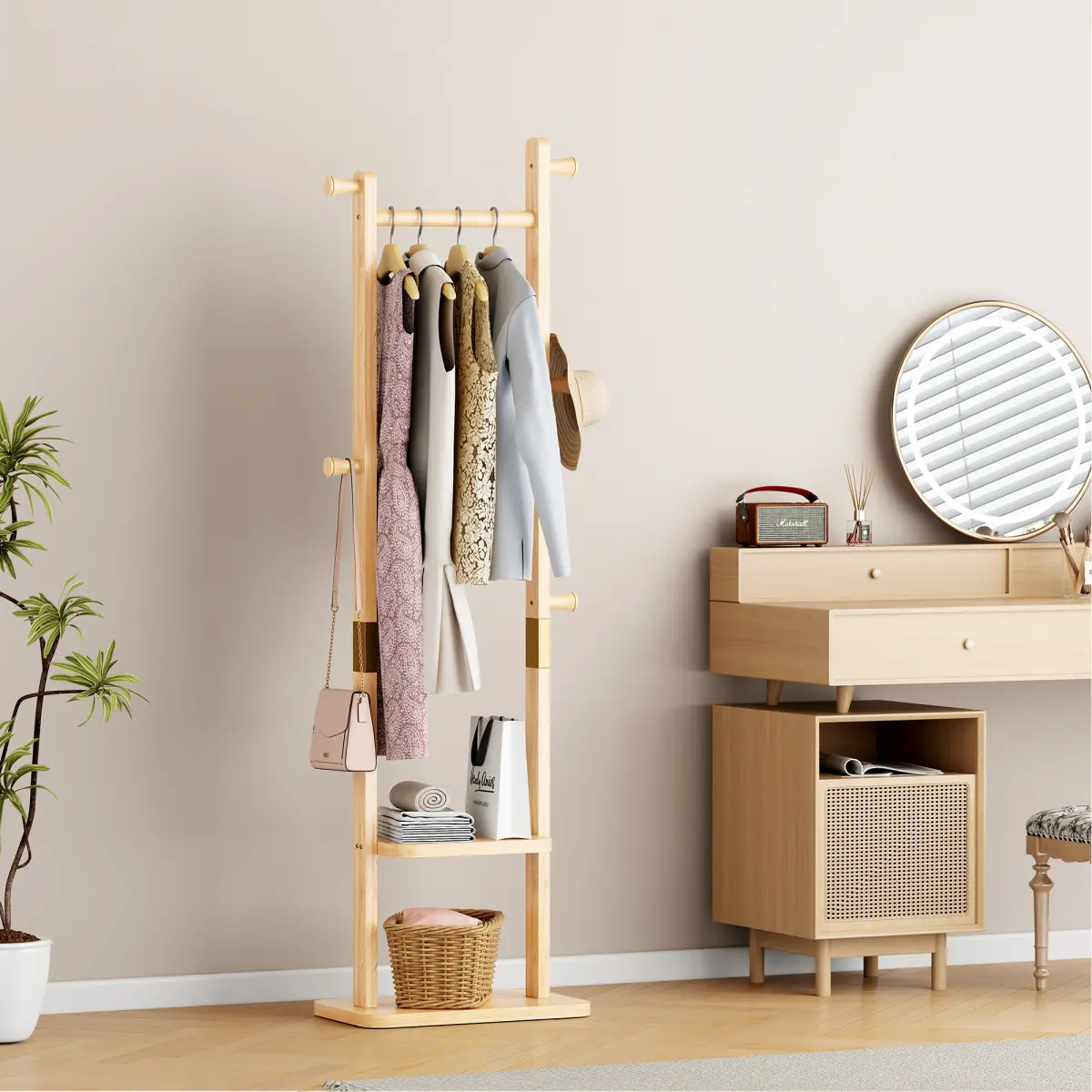 Coat Racks solid wood hanger 18.9* 11.8*71in Solid environmental protection easy to assemble beautiful can be placed in the bedroom/entrance/living room (wood color)