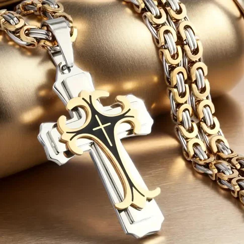 FINREZIO 1 Count Unisex Vintage Handmade Multi-layered Necklace 18k Gold Plated Stainless Steel Cross Pendant Necklace Jewelry