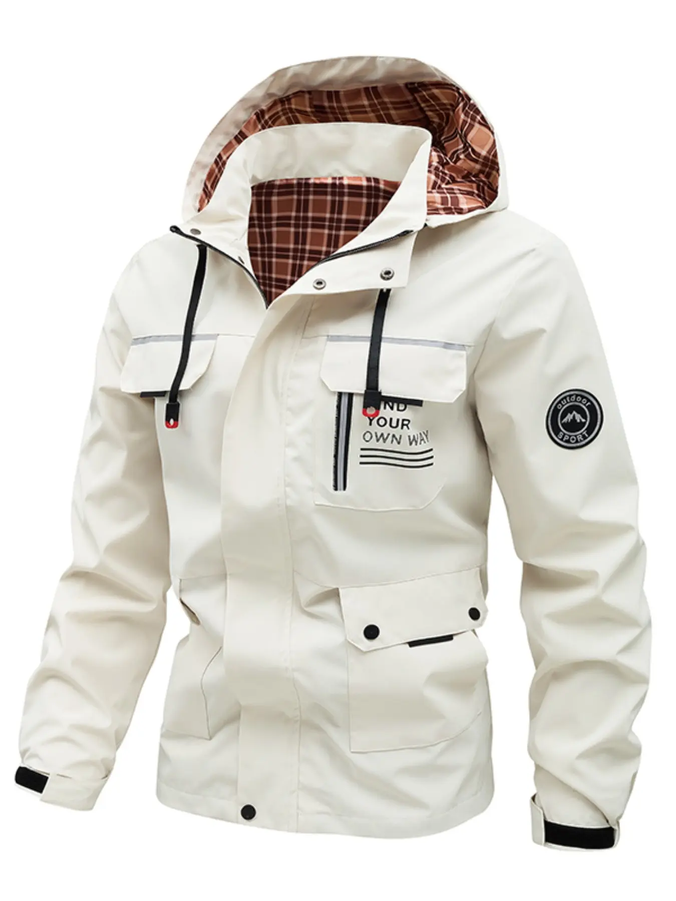 Men's Outdoor Windproof Hooded Work Jacket, Plaid Lining Multi-Pocket Tactical Workwear Coat, Fashion Daily Hiking Windproof Jacket