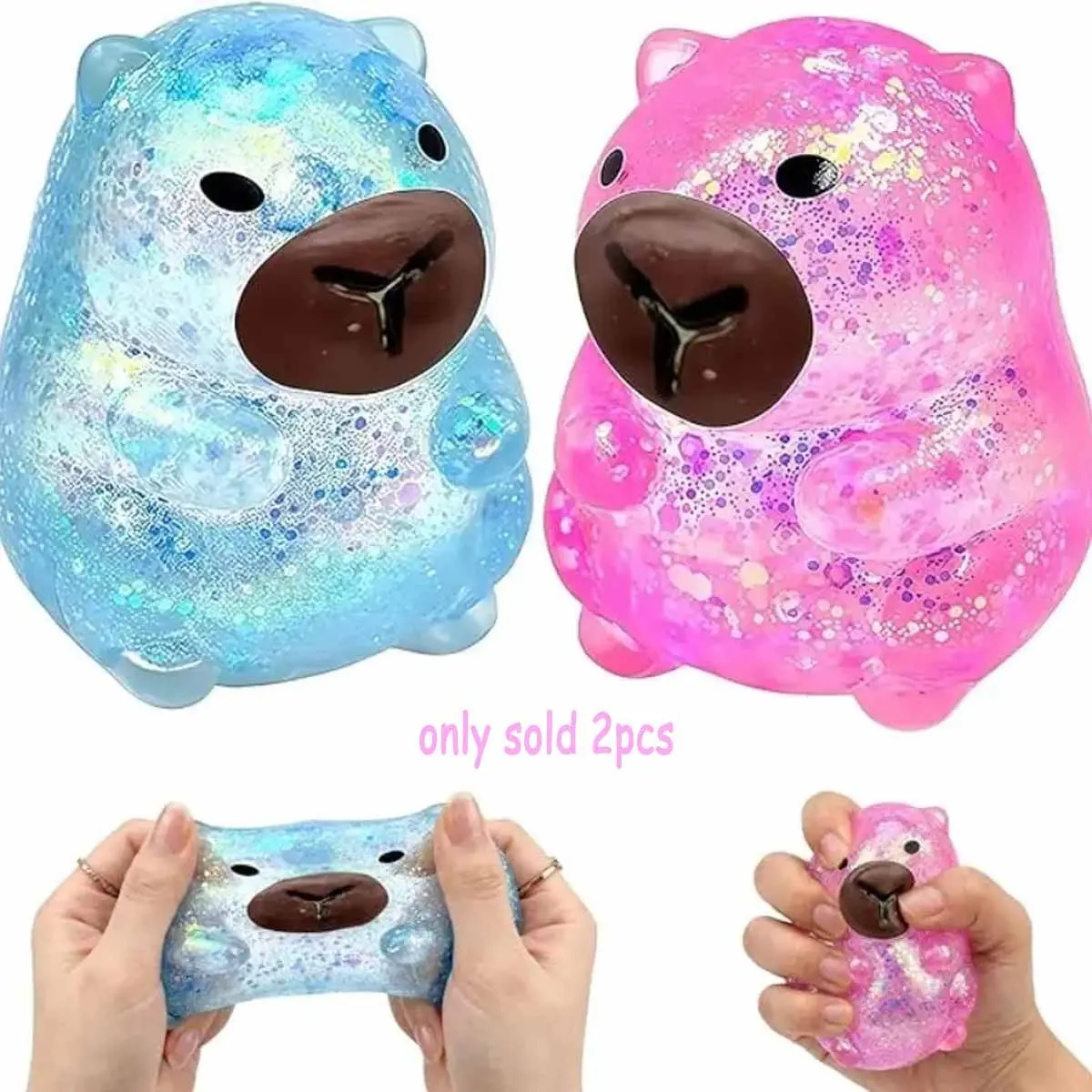 Glitter Capybara Squishies, Cute Capybara Animal Squeeze Balls, Anxiety Relief Fidget Squishies for Adults (Blue+Pink)