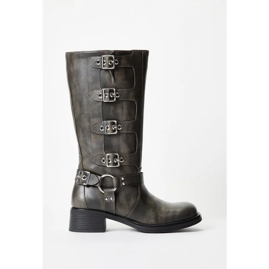 JUST FAB Women's Biker Moto Boots Multi Buckle Harness Knee High Riding Boots Distressed Eco Leather Chunky Heel Fashion Boots Vintage Classic Girl
