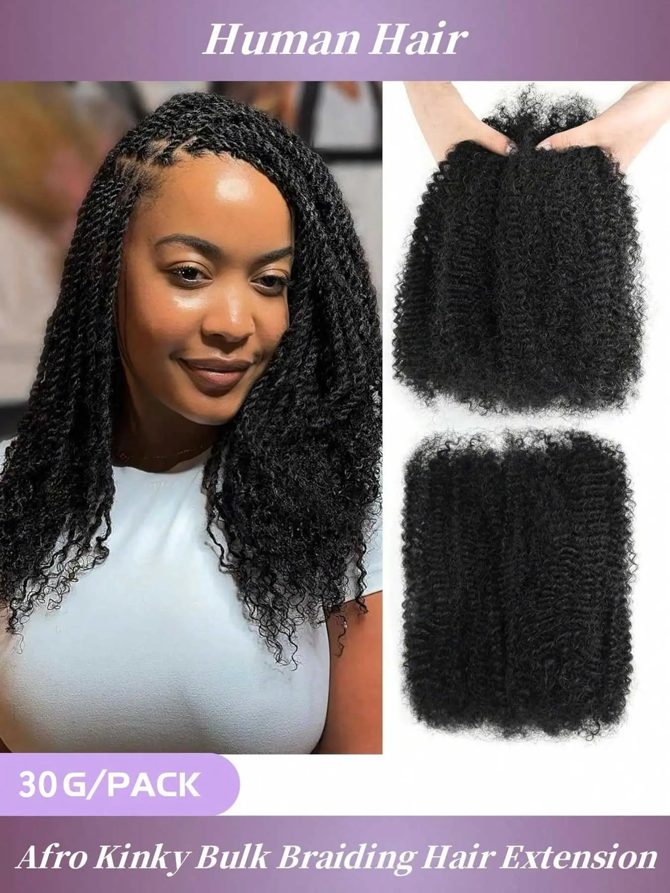 Afro Kinky Bulk Human Hair Bundles, 30g Per Pack, 8-22 Inches, Human Braiding Hair, Ideal for Boho Twists Braids, Dreadlock Extensions, Locs Repair