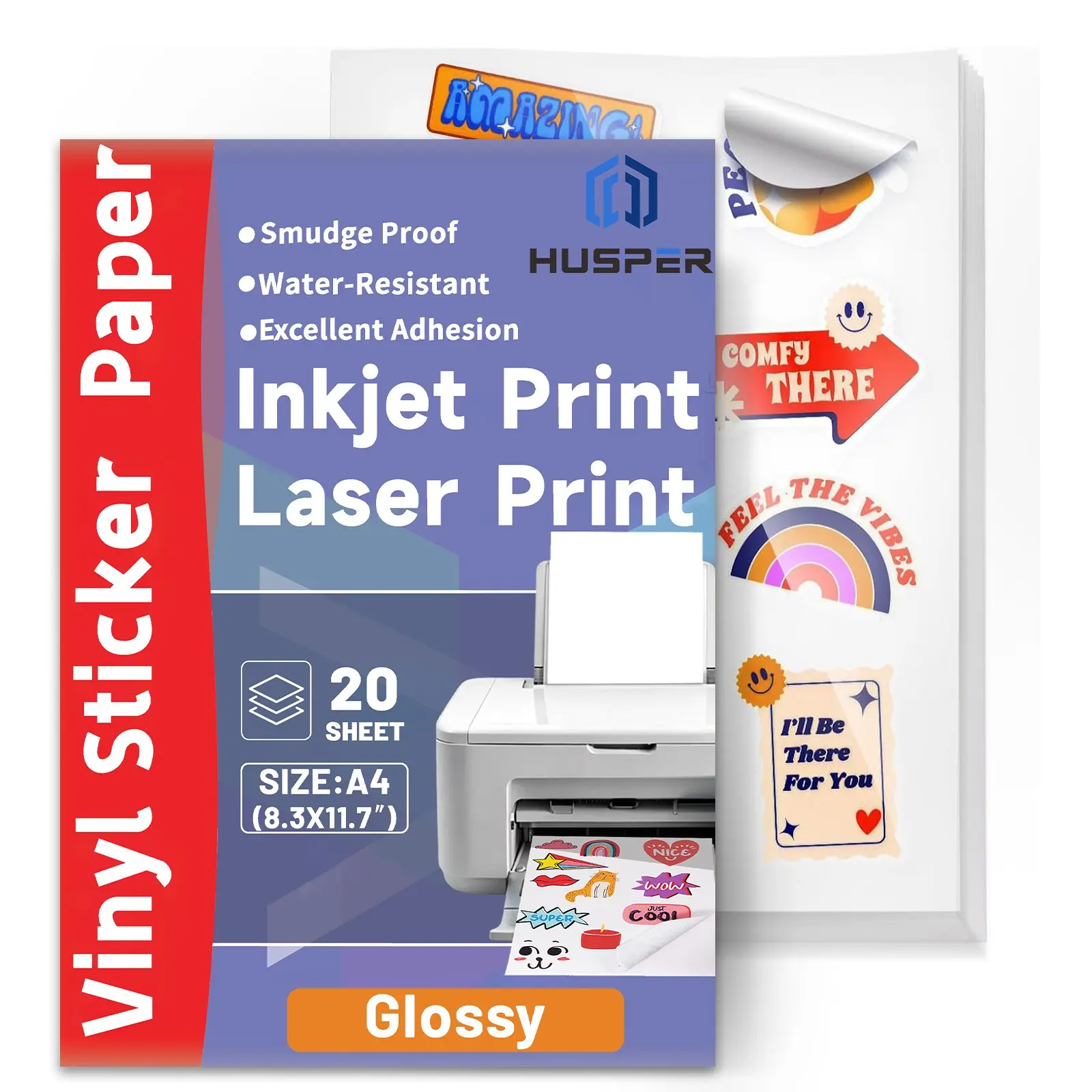 A4 Glossy Vinyl Sticker Paper, 20 Sheets Self-Adhesive Printable Stickers, Ideal for Inkjet Printers, Crafts, Labels & Decals