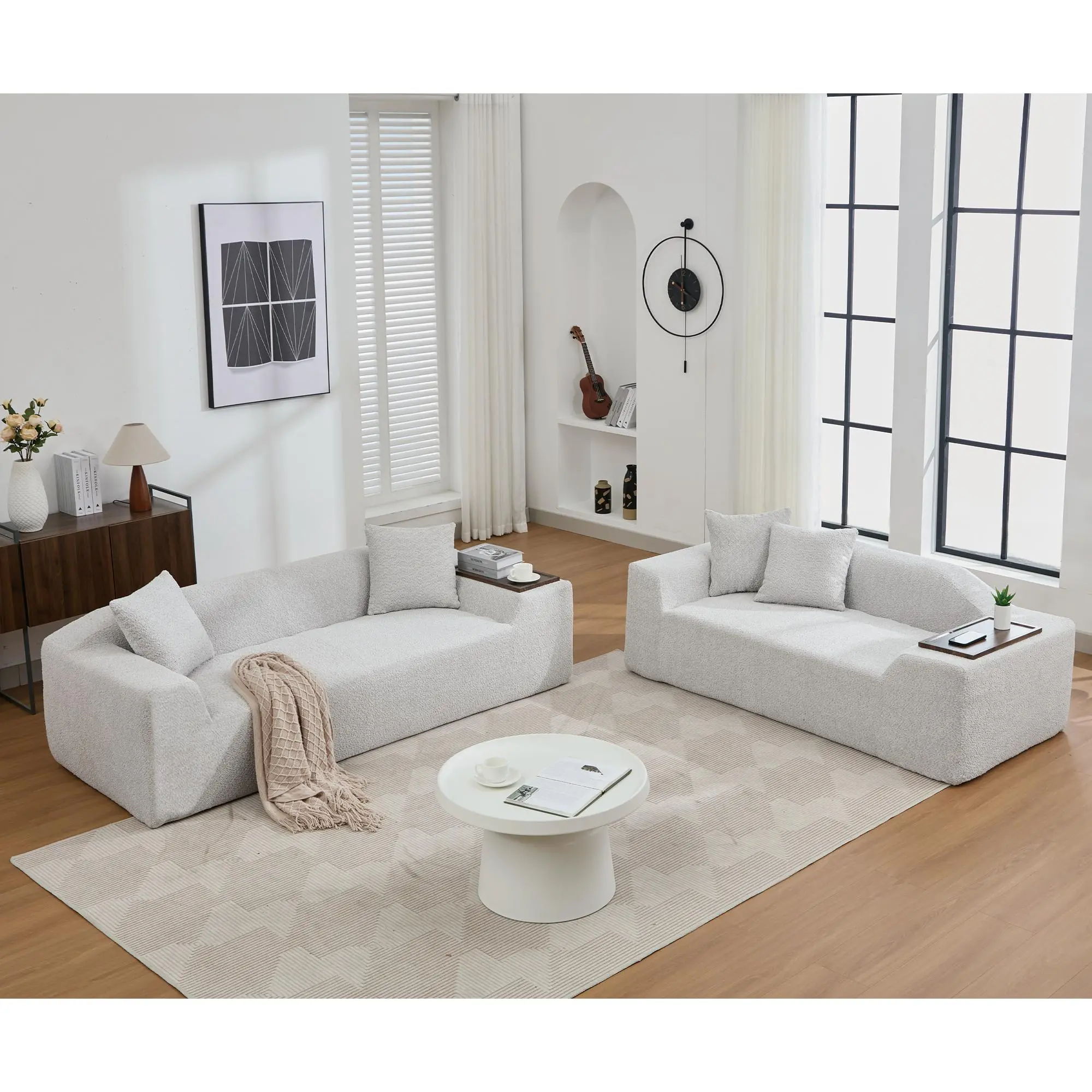 Light Gray Boucle Cloud Sofa Set with 3-Seater Couch, 2-Seater Loveseat, and MDF End Table Boards for Living Room or Apartment