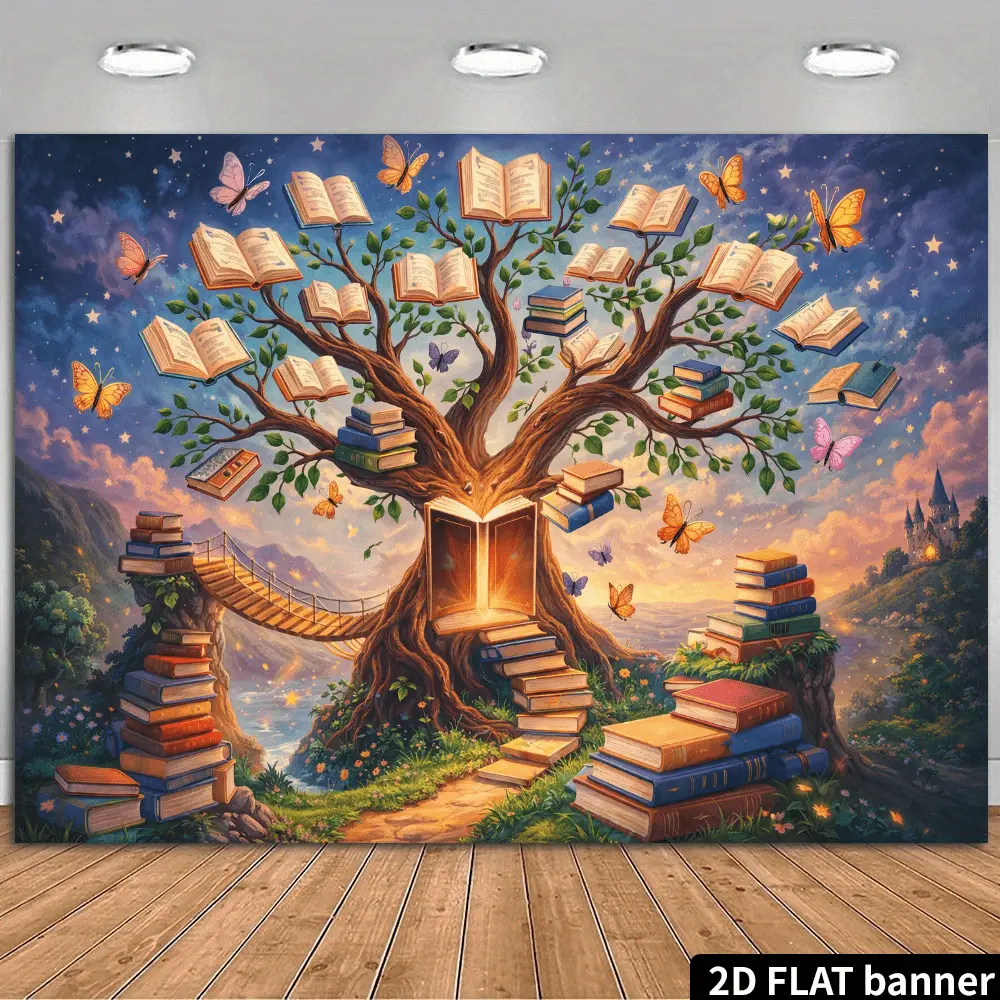 Fantasy Book Tree Castle Wall Tapestry - Vintage Home Decor with Glowing Book Door, Butterfly Design, Banner Decoration for Reading Events, Wedding Photo Backdrop & Gift Bag