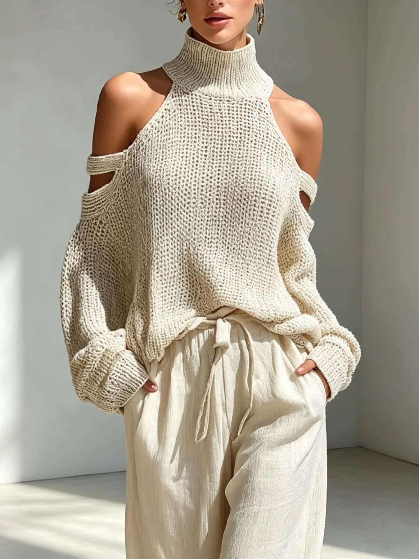Women's New Fashion Versatile Commuter Off-Shoulder Soft Knit Loose Fit High Neck Top, Office Wear, Spring Fall Fashion, Travel, Vacation, Knitwear