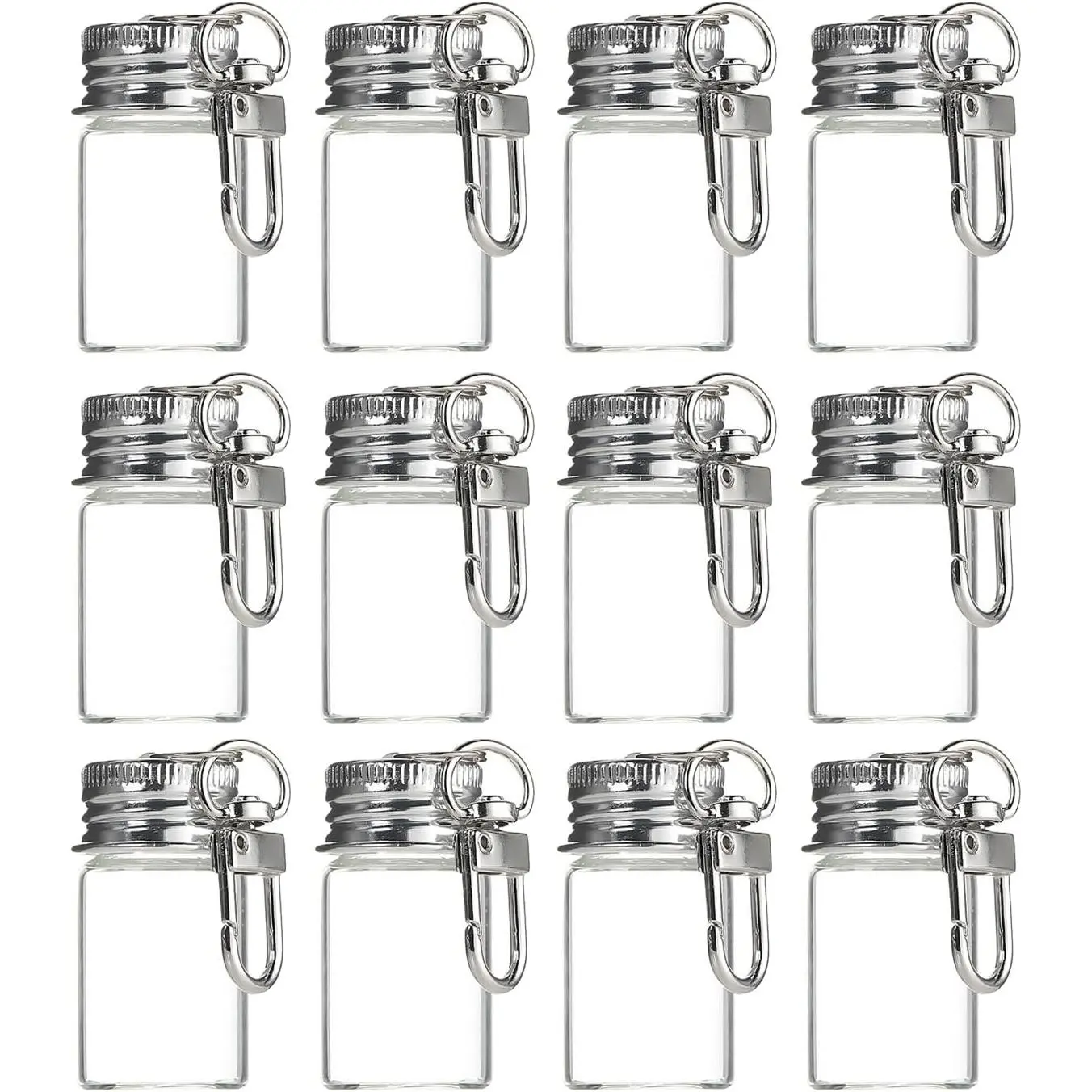 12 Packs 7ml Mini Glass Bottle  with Screw Cap Small Clear Vials with Metal Key Ring Clear Glass Storage Jars for Crafts, Perfume, Essential Oils, Travel
