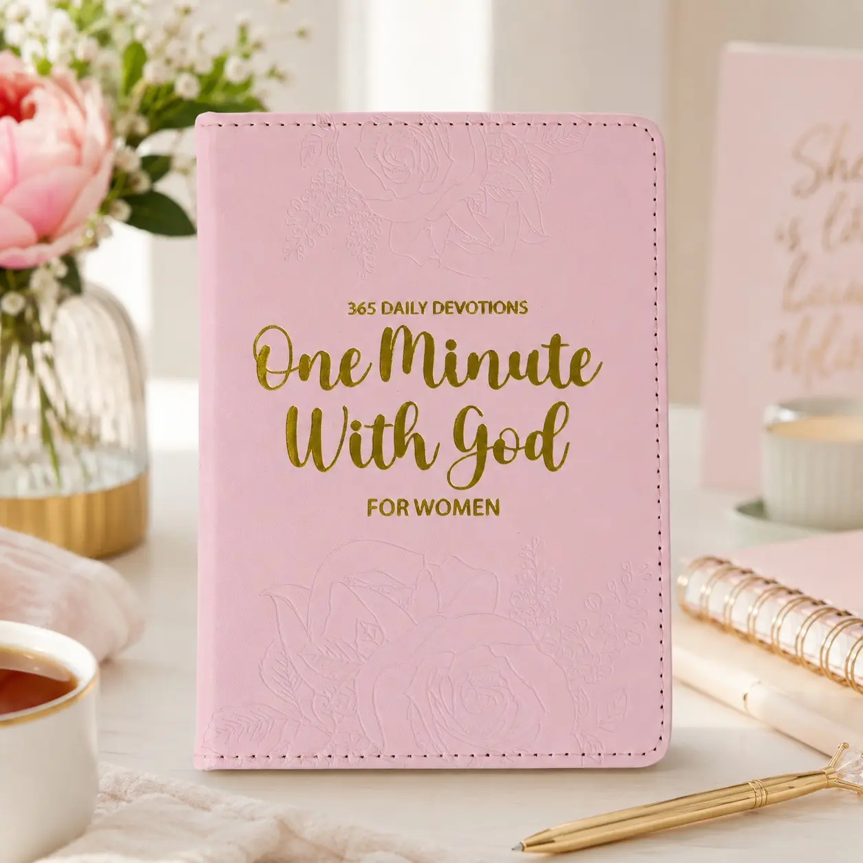 Embossed Rose Gold Women's Spiritual Devotional Journal, 365 Days Daily One-Minute Prayer Log, Portable Notebook for Mindfulness
