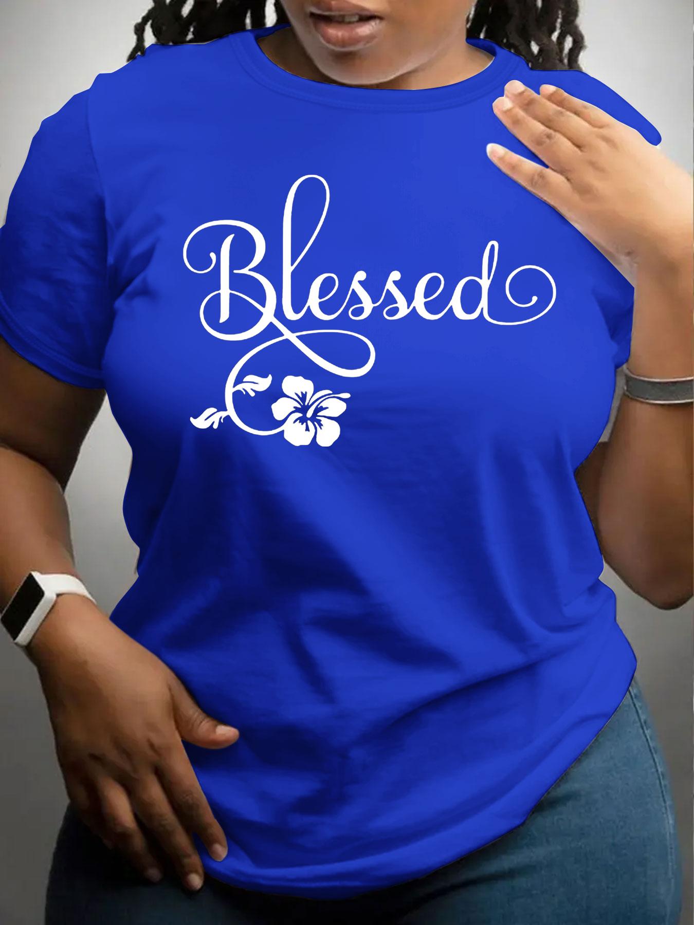 【Plus Size】 Letter & Flower Print Round Neck Tee, Casual Short Sleeve Crew Neck T-Shirt for Daily Wear, Women Plus Clothing for All Seasons