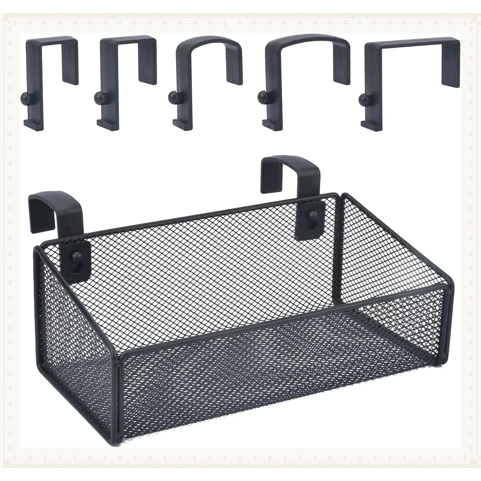 Hanging Floating Shelves - Metal Mesh Cubicle Storage Organizer with 5 Plastic Hangers, BlackGift