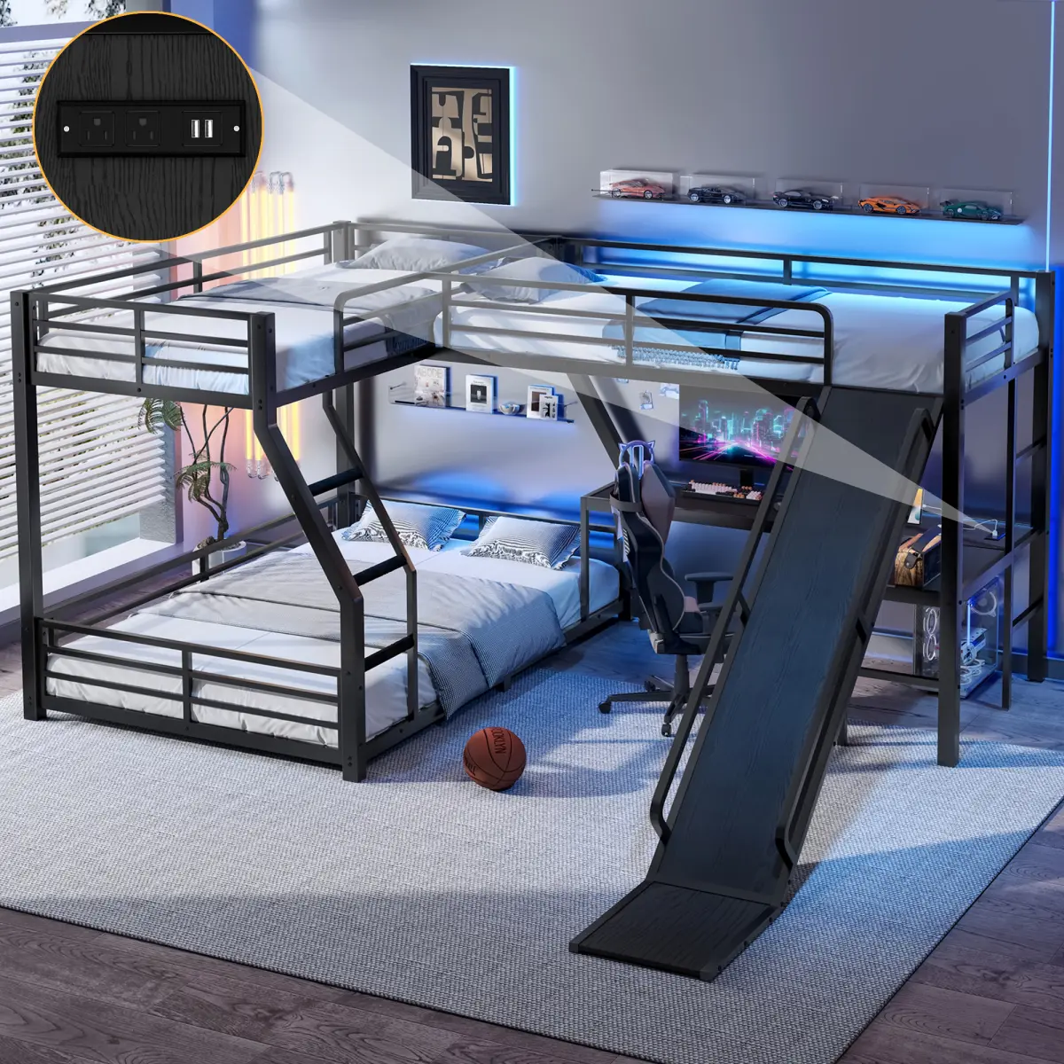 Metal L-Shaped Triple Bunk Bed - Twin Over Full with Twin Loft, Slide, USB Ports, Space-Saving, Noise-Free Design, Black