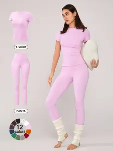 Women's Basic Solid Short Sleeve Tee & Leggings Loungewear, Casual Comfy Stretchy Fit Round Neck Top & Skinny Pants Matching Pajama Set, Ladies Sleepwear for Spring & Fall, Pjs, Pyjamas