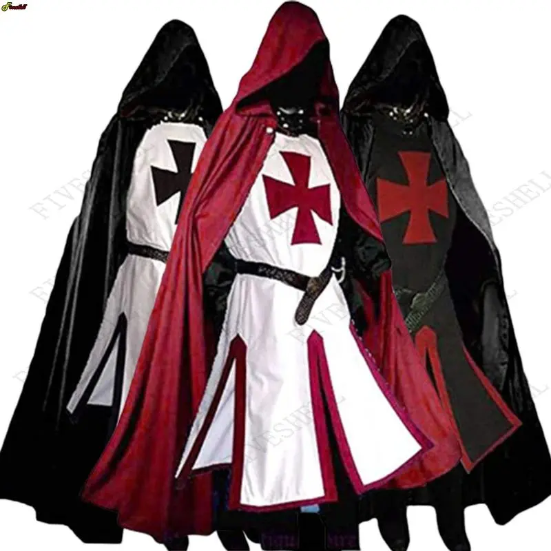 Menswear Crusader Look Clothes - Medieval Templar Knight Tunic, Renaissance Surcoat, Black Plague Cloak, Polyester Cosplay Top for Halloween Warrior Costumes
