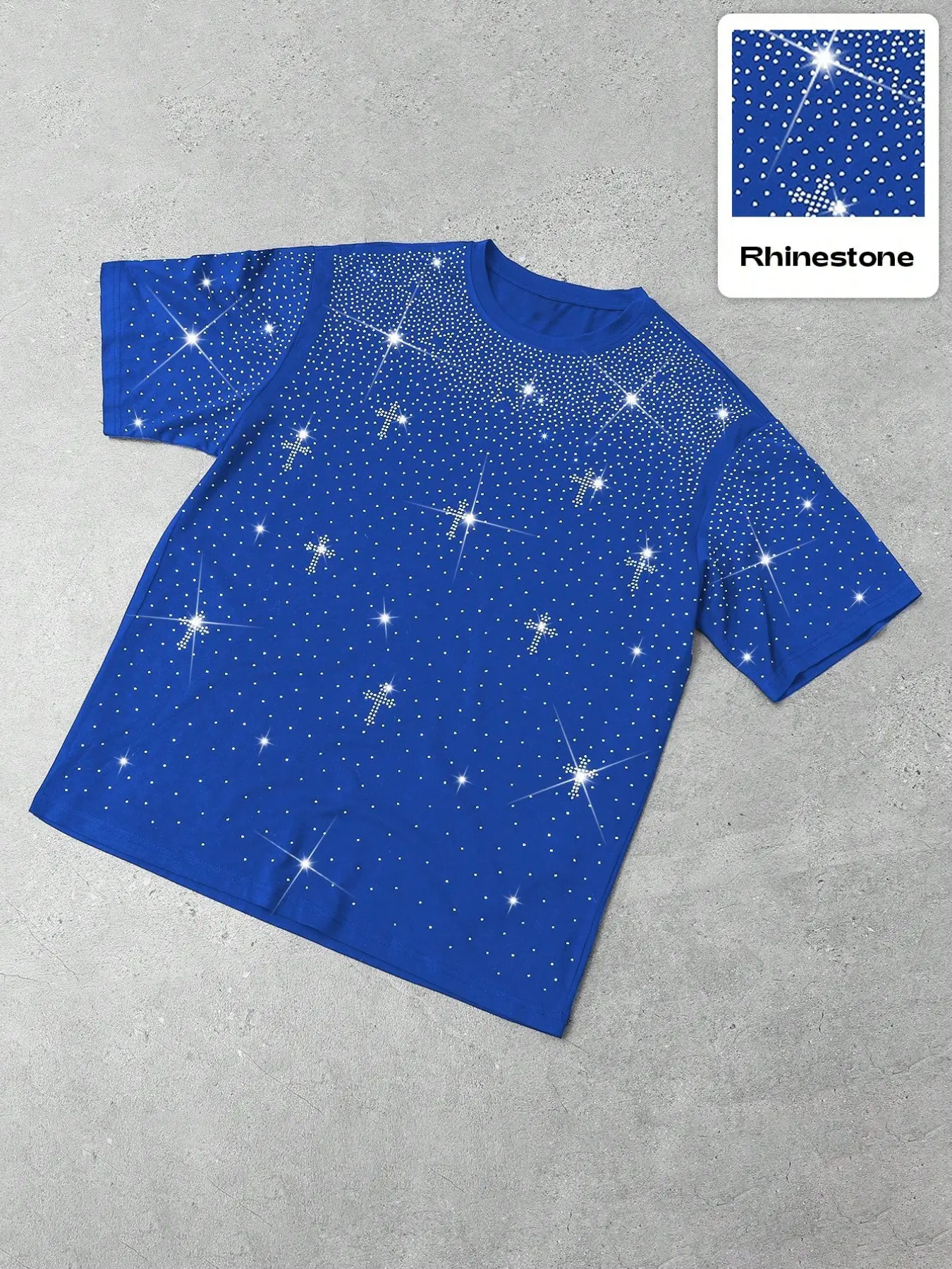 Men's Shiny Loose Round Neck Regular Sleeve T-Shirt, Cross Pattern Graphic Rhinestones Front, Fashion Casual Wear, Perfect Gift Top, Stylish Men's Clothing
