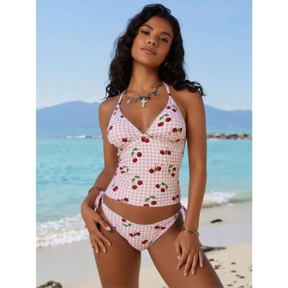 2026 New Women's Sexy Fashion Pink Gingham & Cherry Print Halter Two-Piece Swimsuit For Vacation & Leisure