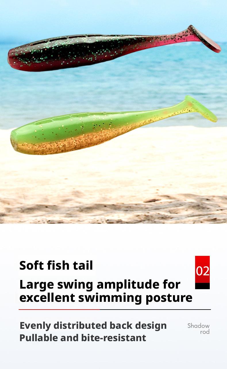 8-piece set of outdoor fishing lures, T-tail 3inch (7.6cm) soft bait, smooth surface, fine fishing gear