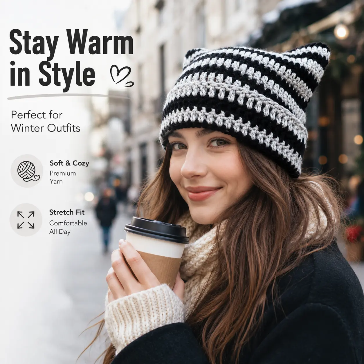Women's/Girls Handmade Crochet Cat Ear Beanie, Soft Yarn Streetwear Accessory, 11 Colors, Stretch Fit (56-58cm Head Circumference), 80g Lightweight, Warm Cozy, One Size Fits Most, Winter Daily/Special Occasion Wear, Perfect Gift, Women/Girls