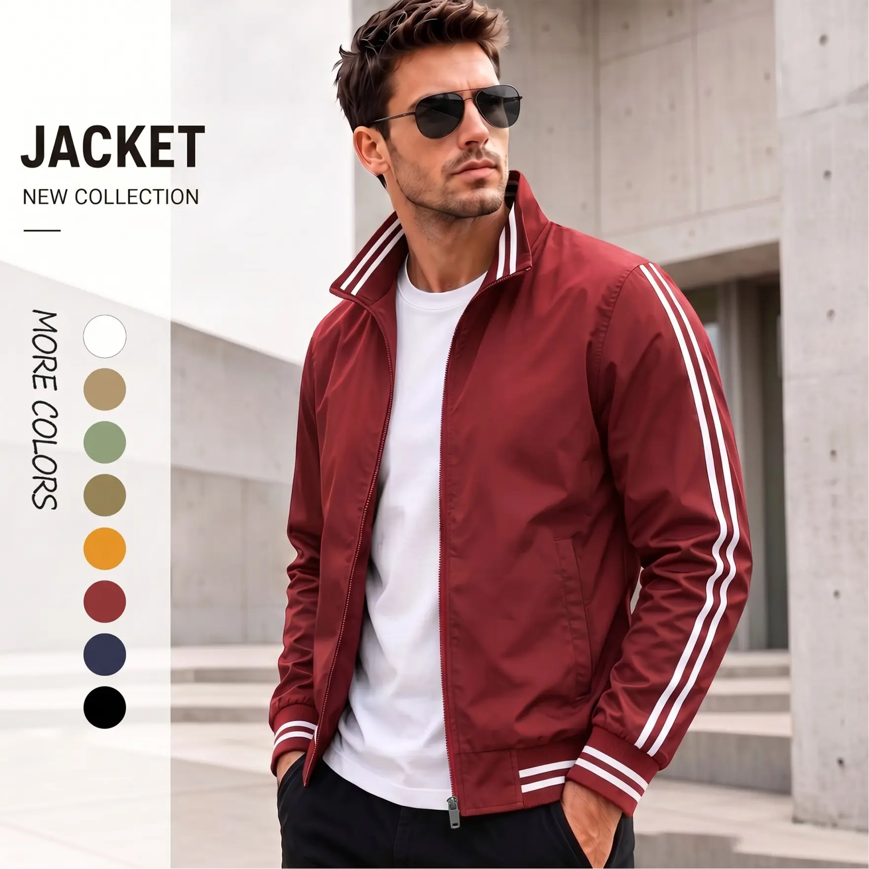 Men's Lightweight Thin Bomber Jacket - Casual Streetwear with Stripe Sleeves, Breathable Ribbed Full-Zipper Top for Sports Activities