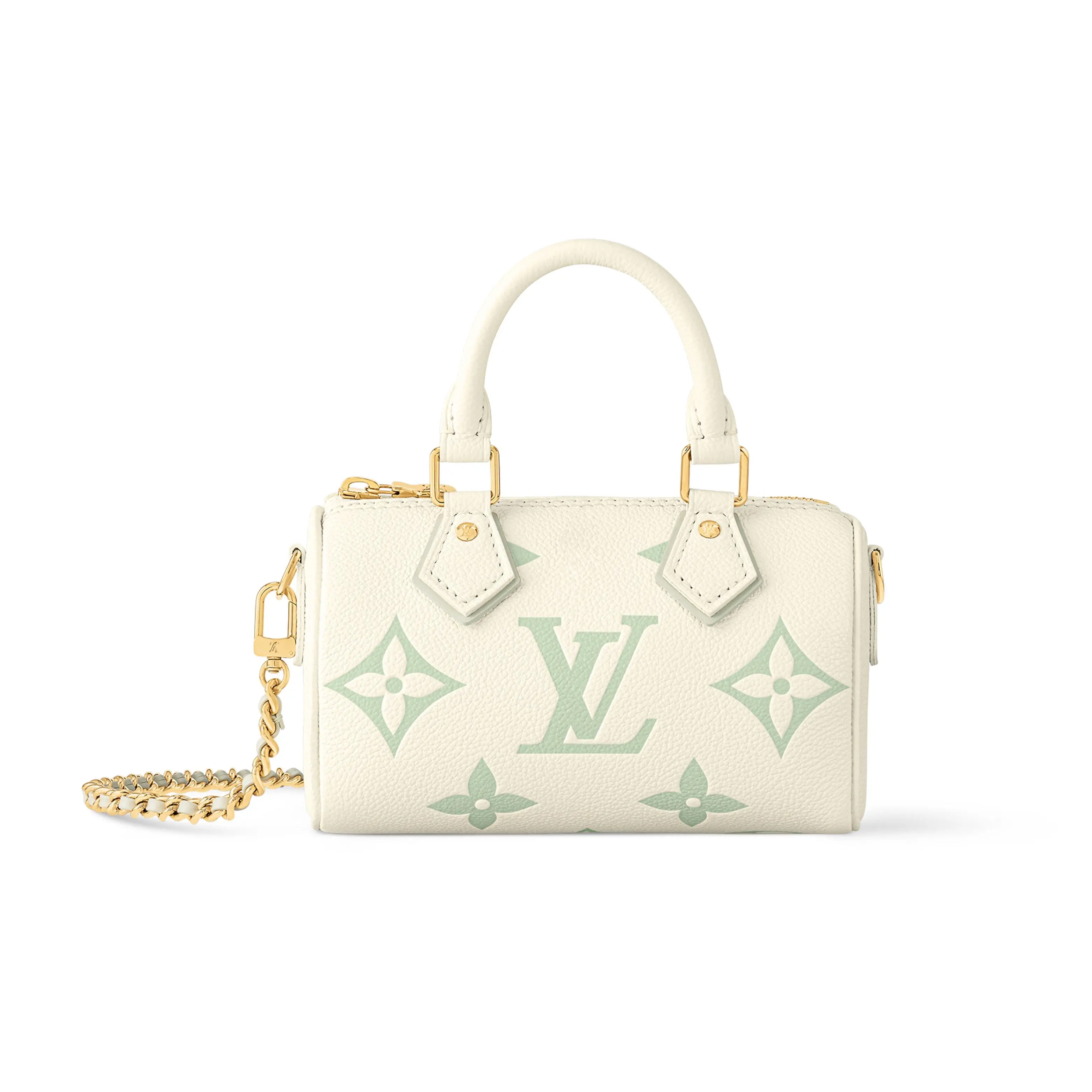 Elegant, Luxe, Embossed, High-End Women's Handbag - Speedy Monogram Empreinte Pillow Bag with Detachable Chain Strap, Zip Closure, Latte and Matcha Leather, Elegant Women's Handbags, Luxe Women's Handbags