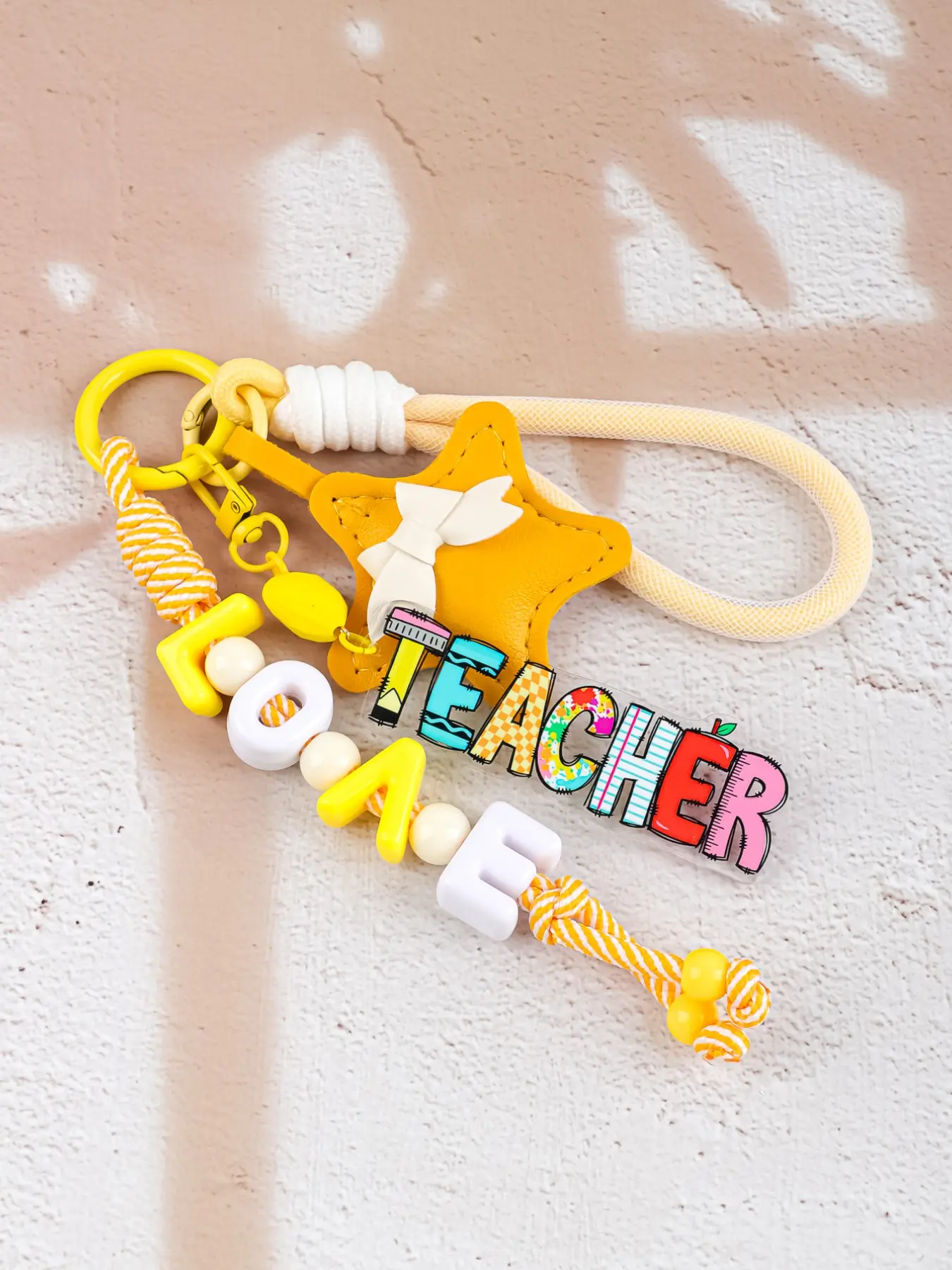 Cute Braided Rope Teacher Keychain, Colorful Acrylic Tag, Faux Leather Rabbit/star/heart Bag Charm, College Style Backpack Key Ring, Teacher Appreciation Gift
