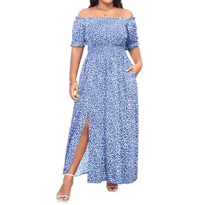 Holipick Women's Plus Size Off-The-Shoulder Boho Floral Smocked Waist Split Summer Maxi Sundress with Pockets DealsForYouDays