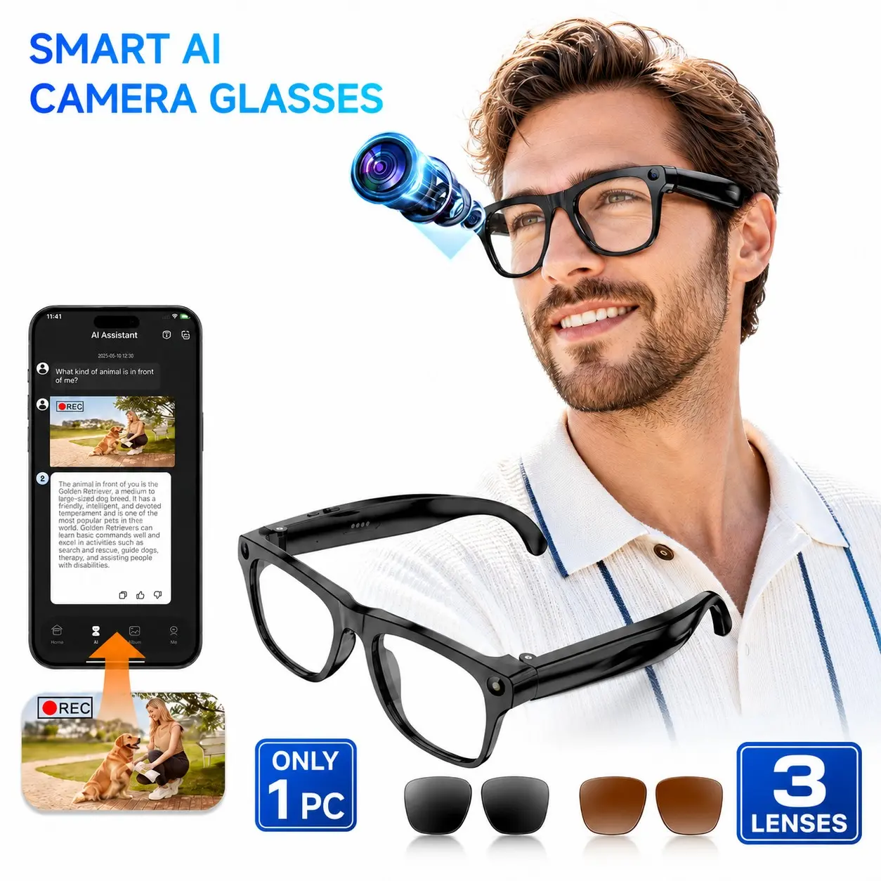 Smart Camera Glasses with AI Visual Recognition, 8MP Camera, Open-Ear Music and Calls, 9H Battery Life and 3 Interchangeable Lenses, Multifunctional Smart Glasses