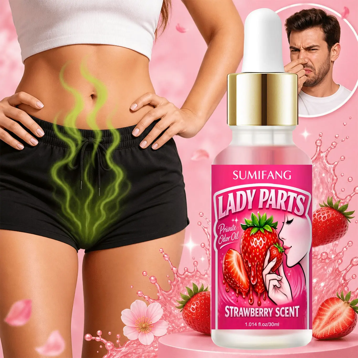 Strawberry Scented Intimate Care Oil, a refreshing and fragrant daily care oil for women's intimate areas, Feminine Hygiene Products. Safe, gentle care, refreshing and comfortable to use, gentle skincare, refreshing fragrance for daily maintenance.