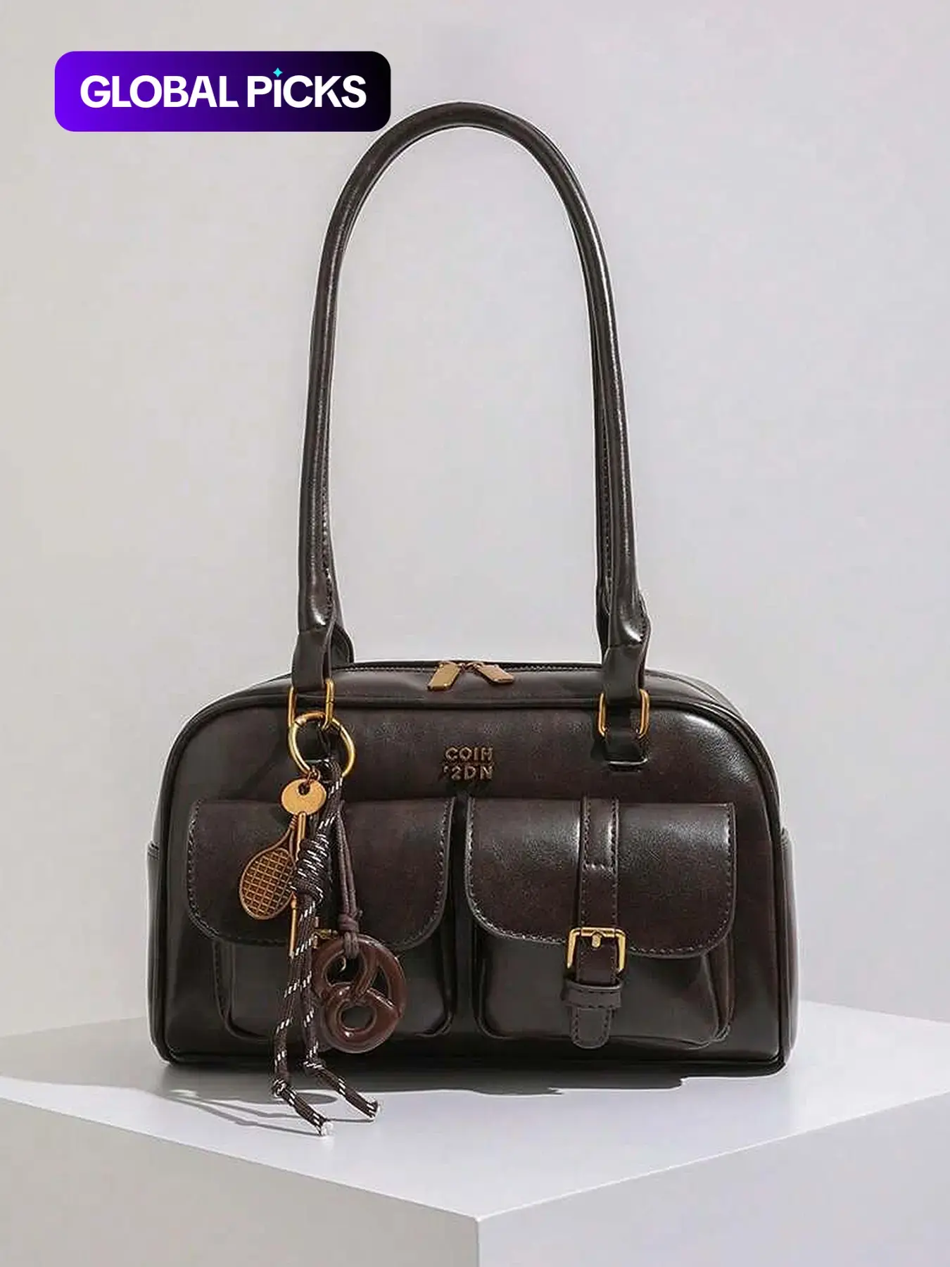 【Black Friday】Retro-Style Double-Pocket Handbag for Fall and Winter, Fashionable Underarm Shoulder Bag with Hanging Charm, Simple Versatile Design for College, Office, and Daily Commuting