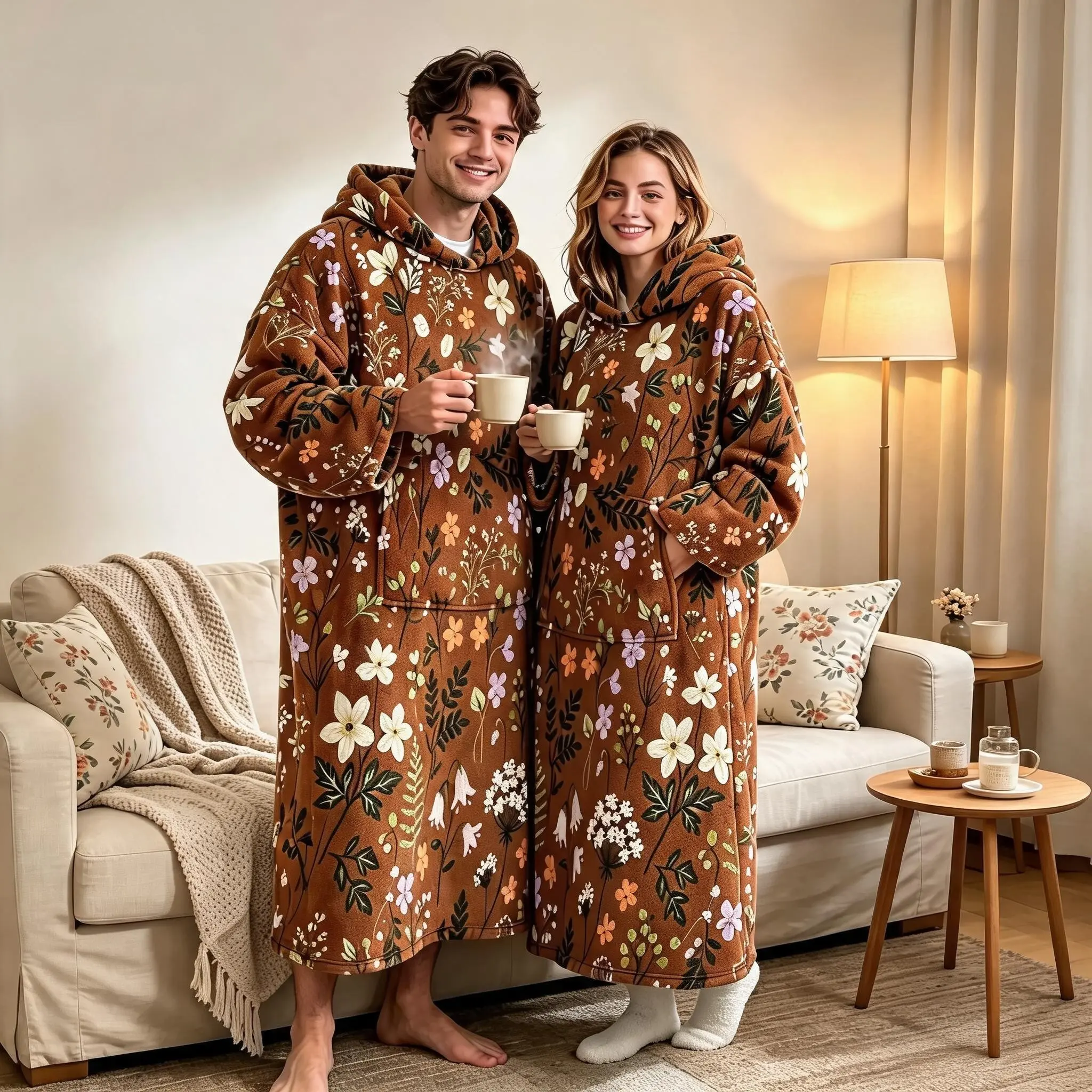 Vintage Floral Hooded Wearable Blanket, Soft Flannel Cape with Pockets, Cozy Retro Tone, Perfect for All Seasons, Gift for Women
