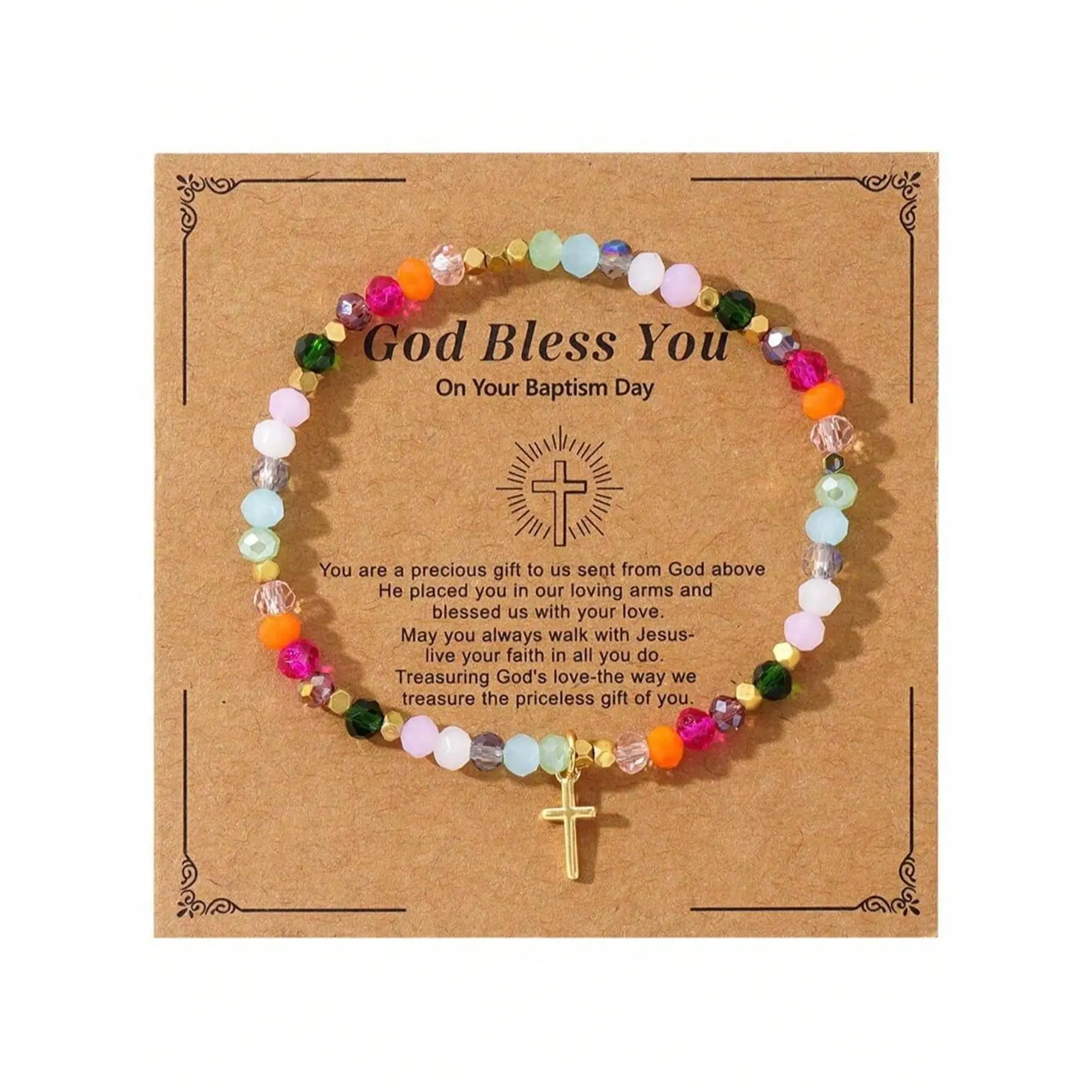 Women's Christian Cross Pendant Bracelet - Colorful Faceted Beads, Stretch Fit, God Bless You Message Card, Baptism Christening Keepsake Fashion Accessory, Bracelets For Women