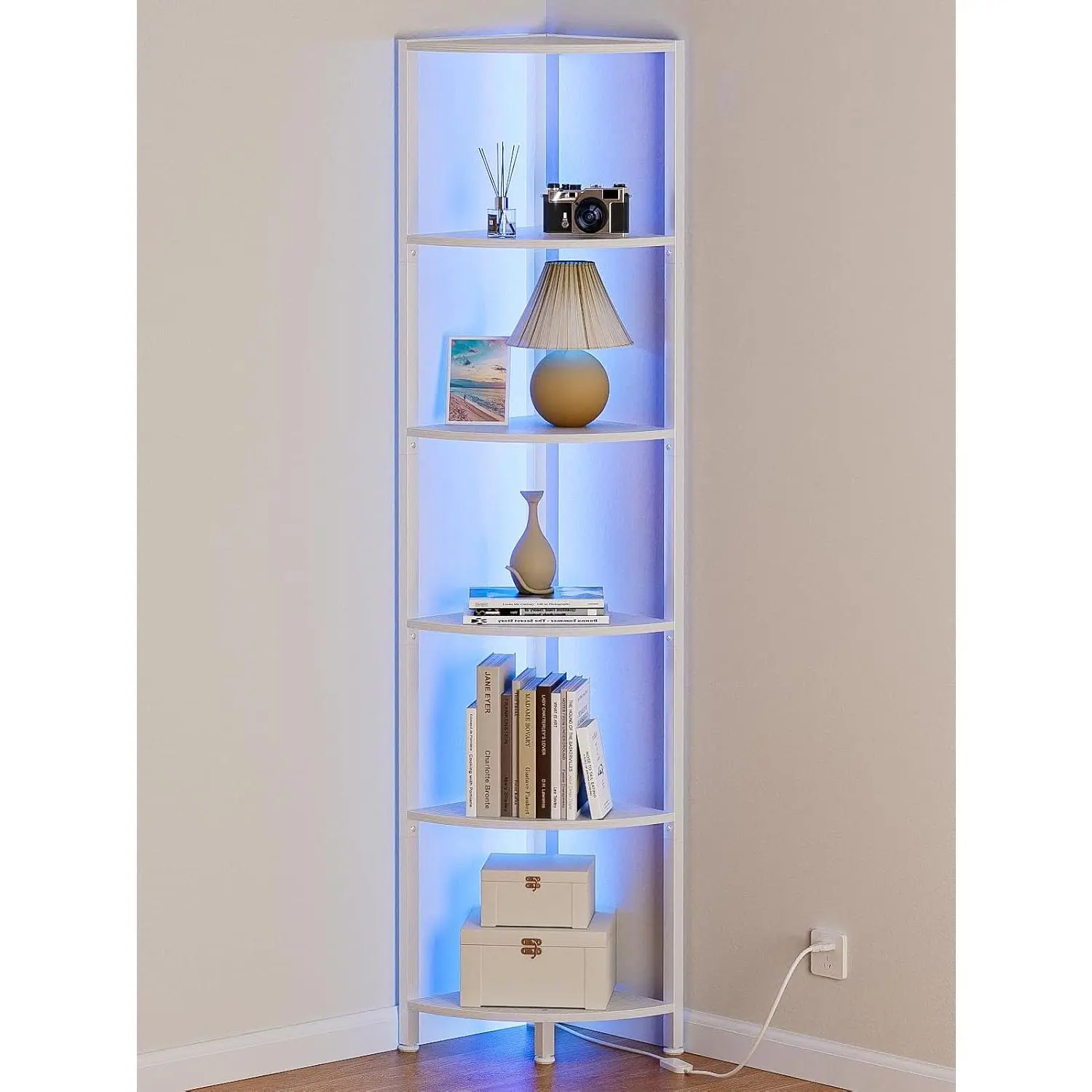 6 Tier Corner Shelf with LED Light, 67.5” Tall Standing Shelf Organizer, White Narrow Bookshelf with Storage Rack for Wall Corner, Living Room, Bedroom, Metal Frame,  Display Shelf