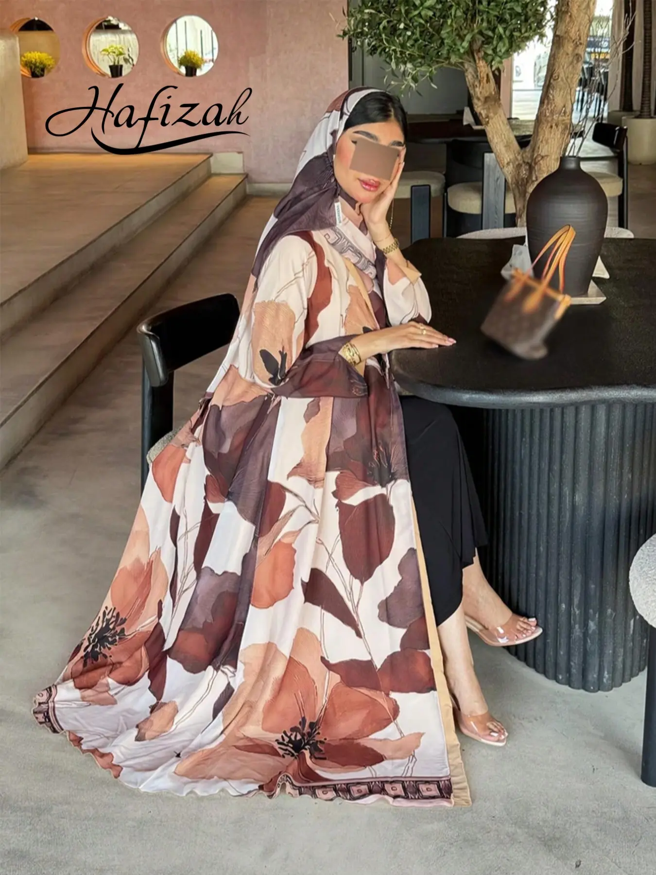 Hafizah Women's Abstract Floral Print Long Cardigan + Headscarf Set, Longline Cardigan, Loose-Fit Outerwear, All Seasons, Elegant Fashion Ensemble