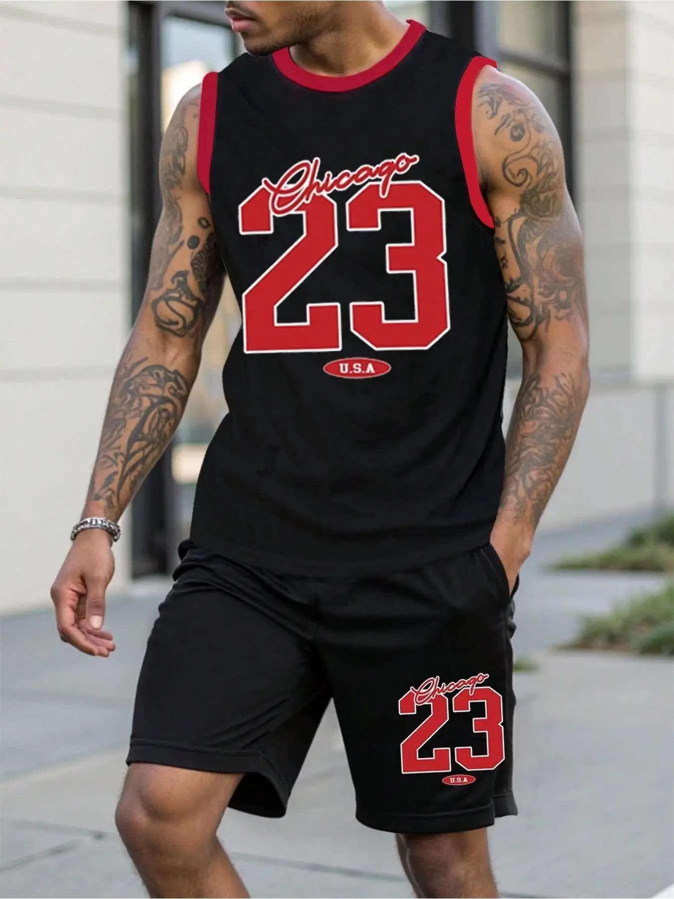 Men's Two-Piece Sports Set, Streetwear College Style, Chicago 23 Letter Print Mesh Basketball Jersey, Sporty Fashion