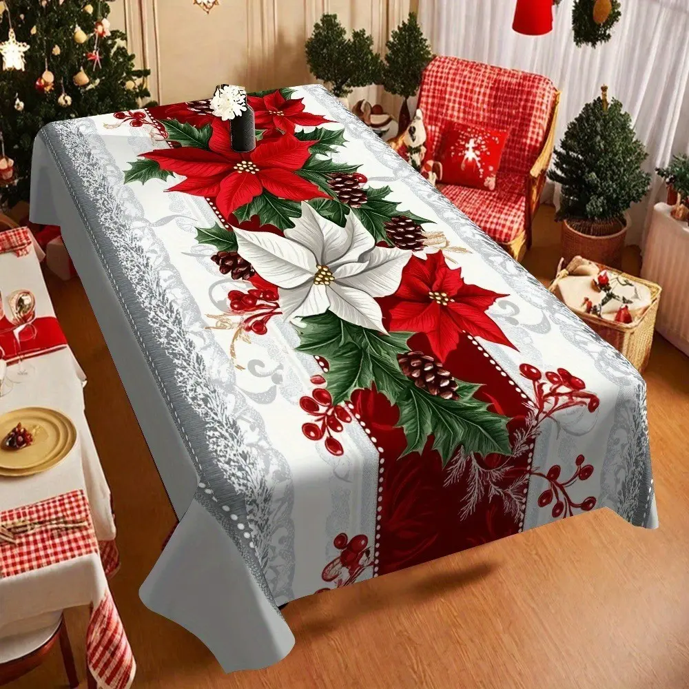 Vintage Christmas Tablecloth, Potted Flowers, Holly Berries, Elegant Background, Indoor Outdoor Festival Decor, Party Decorations, Christmas Party Setup