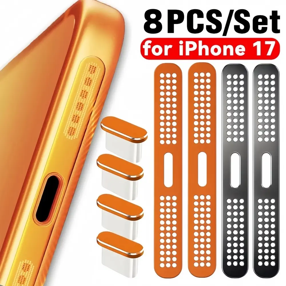 8pcs Metal Dust Plugs + Dust Filters Set for iPhone 17 Pro Max, Speaker Port Dust Cover, Type-C Charging Port Protector, Mobile Accessory