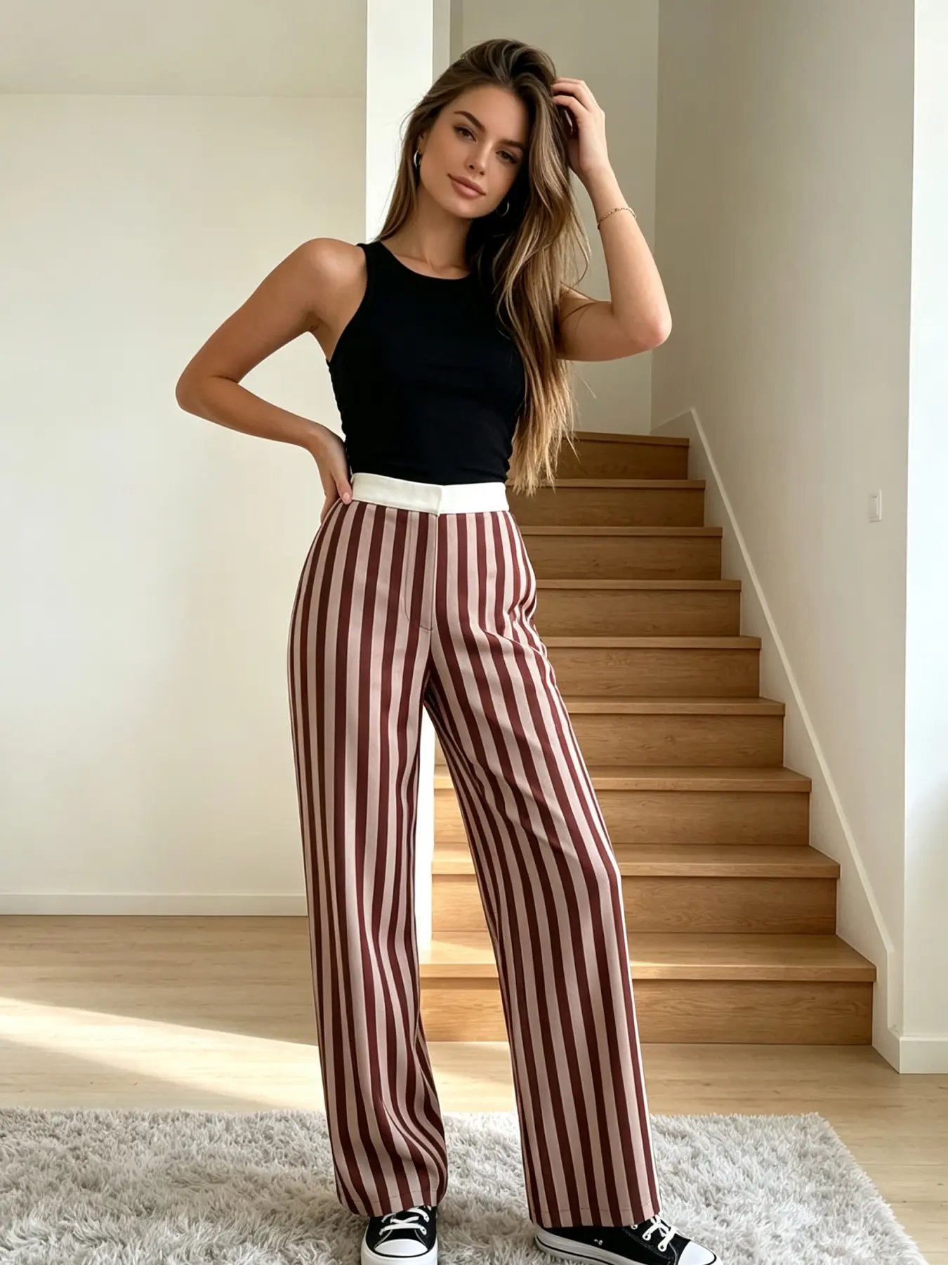 A pair of fashionable and casual vertical striped pants for women, with a contrasting white waist and hanging head, suitable for autumn and winter, suitable for home, shopping, and commuting wear