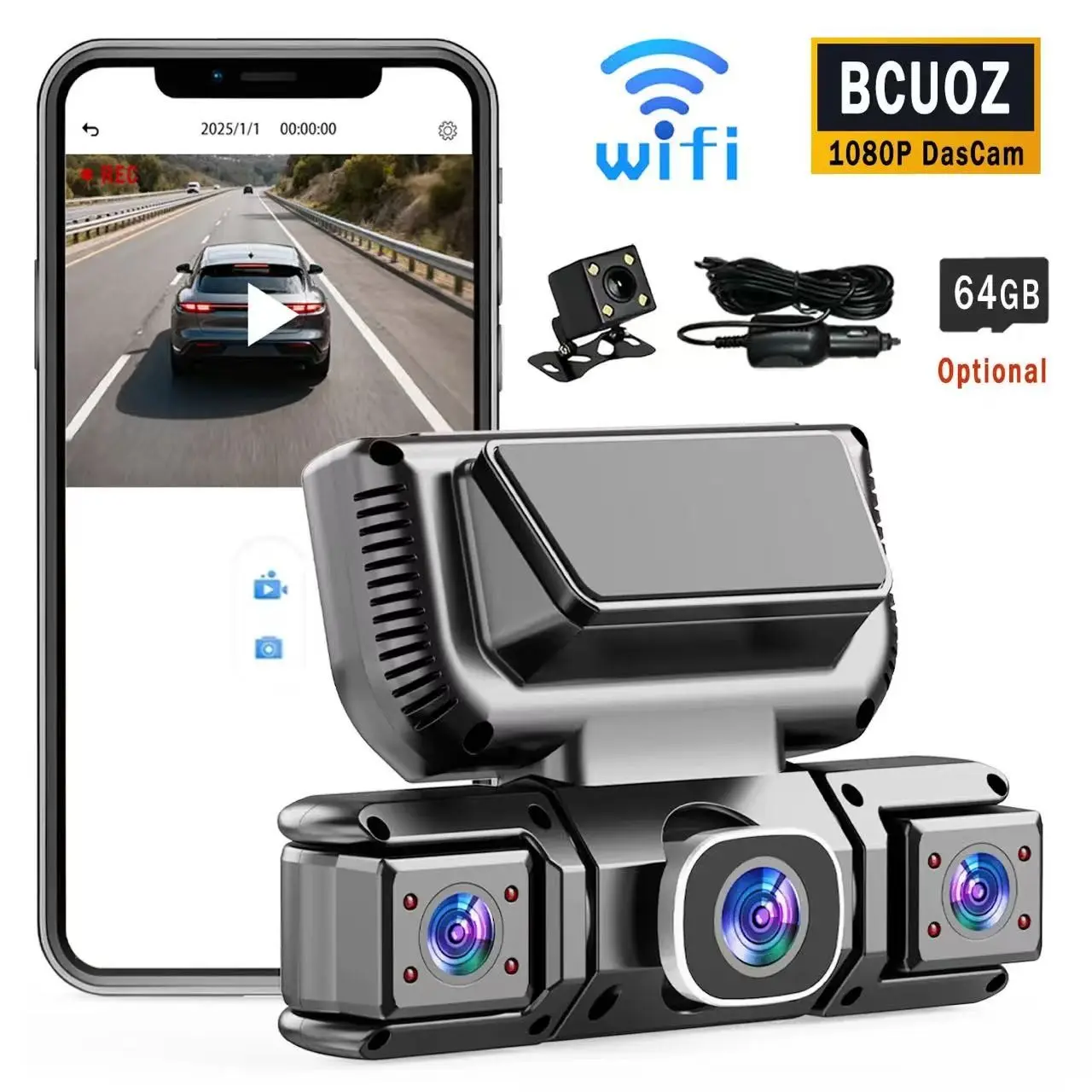 4-Channel Dash Camera with WiFi, 64GB SD Card, Full HD Dual Rear Backup Cameras, Night Vision, Hdr Technology, APP Control, Wireless Backup Camera for Car, WiFi Dashcam, Dashcams for Cars, Automotive Dashcam