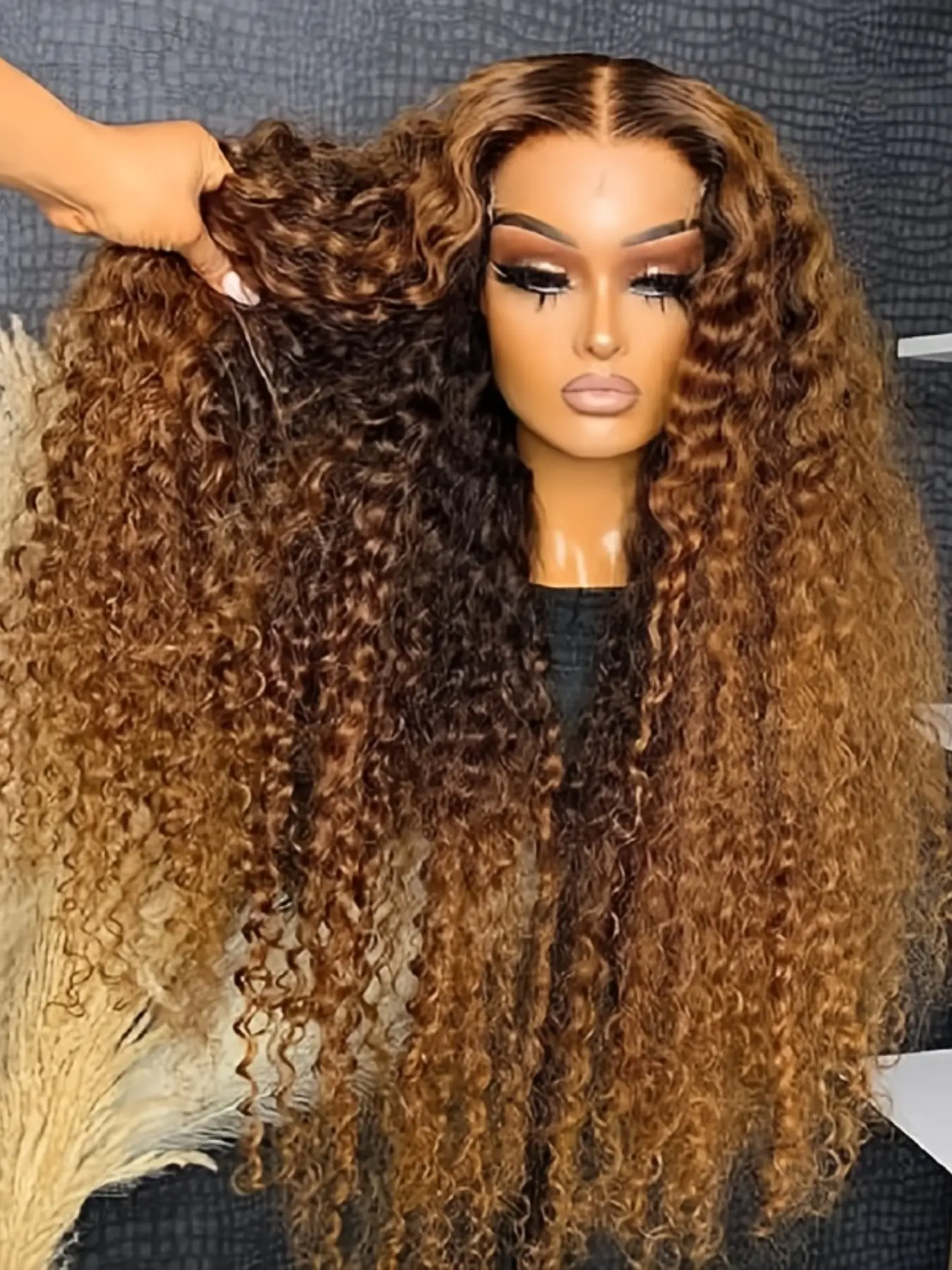 Ombre Brown Soft Long 26 Inch 180 Density Kinky Curly Front Lace Wig, Glueless Heat Resistant Synthetic Hair, Daily Wear Pre-plucked