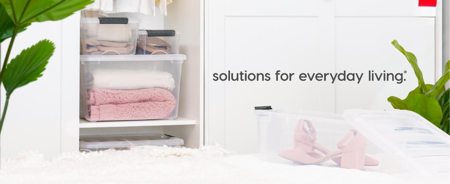 13 Quart Stackable Plastic Storage Bins with Lids, 6 Bags - BPA Free, Made in USA - Hidden Organization Solution, Locking, Durable Nestable Containers, Safety Handles - Pearl Color