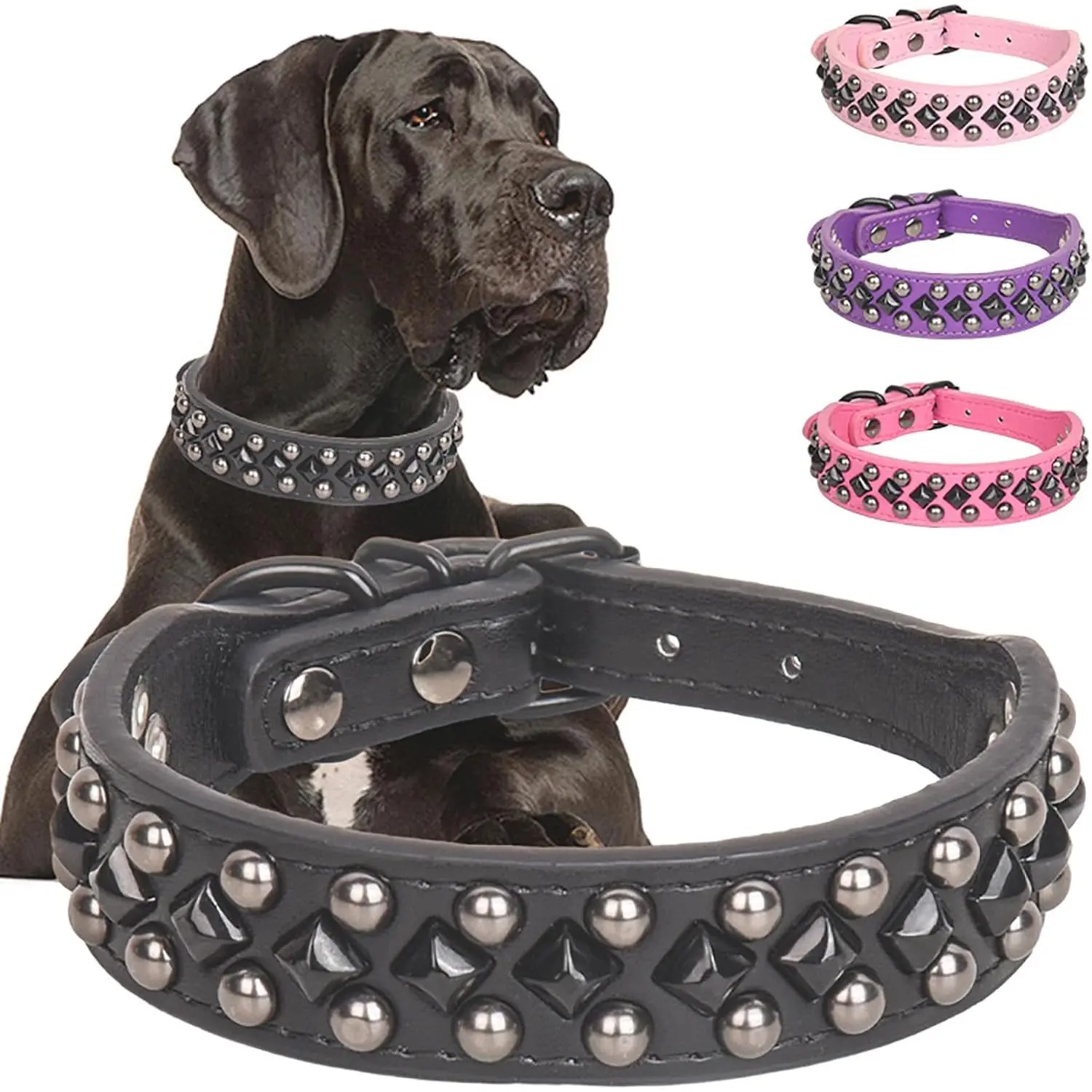 Adjustable Soft PU Leather Square Rivet Dog Collar - Anti-Bite, Skin-Friendly, Multi-Size with Riveted Rows, Metal Studs, Contoured Design for Small/Medium/Large Dogs (Daily Walking, Christmas, Halloween), Adjustable Fit