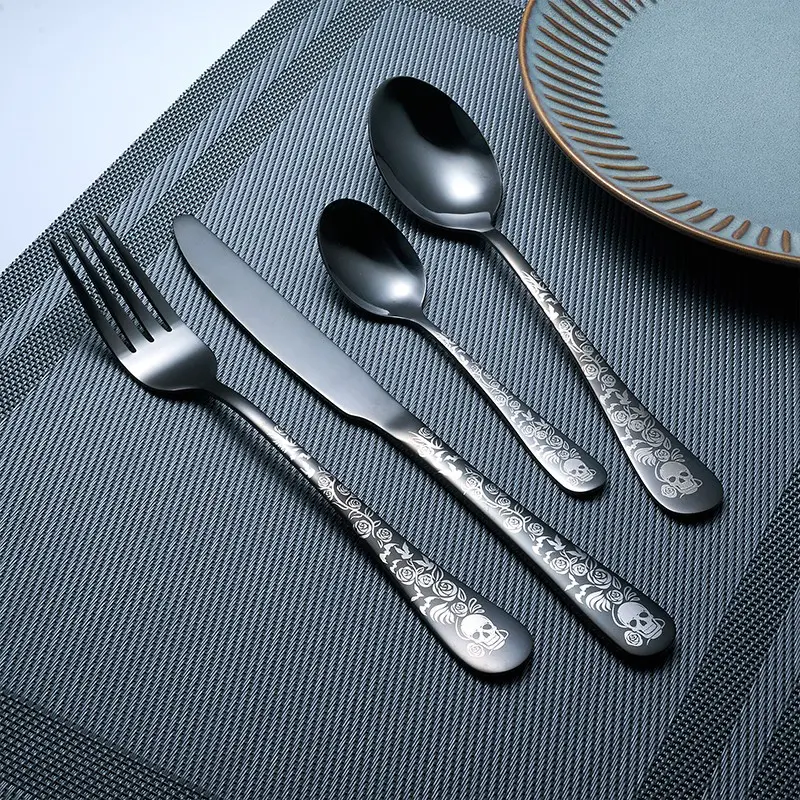 16pcs Stainless Steel Cutlery Set, Vintage Skull Rose Design, Mirror Finish, Dishwasher Safe, High-End Tableware, Metal Utensils Set