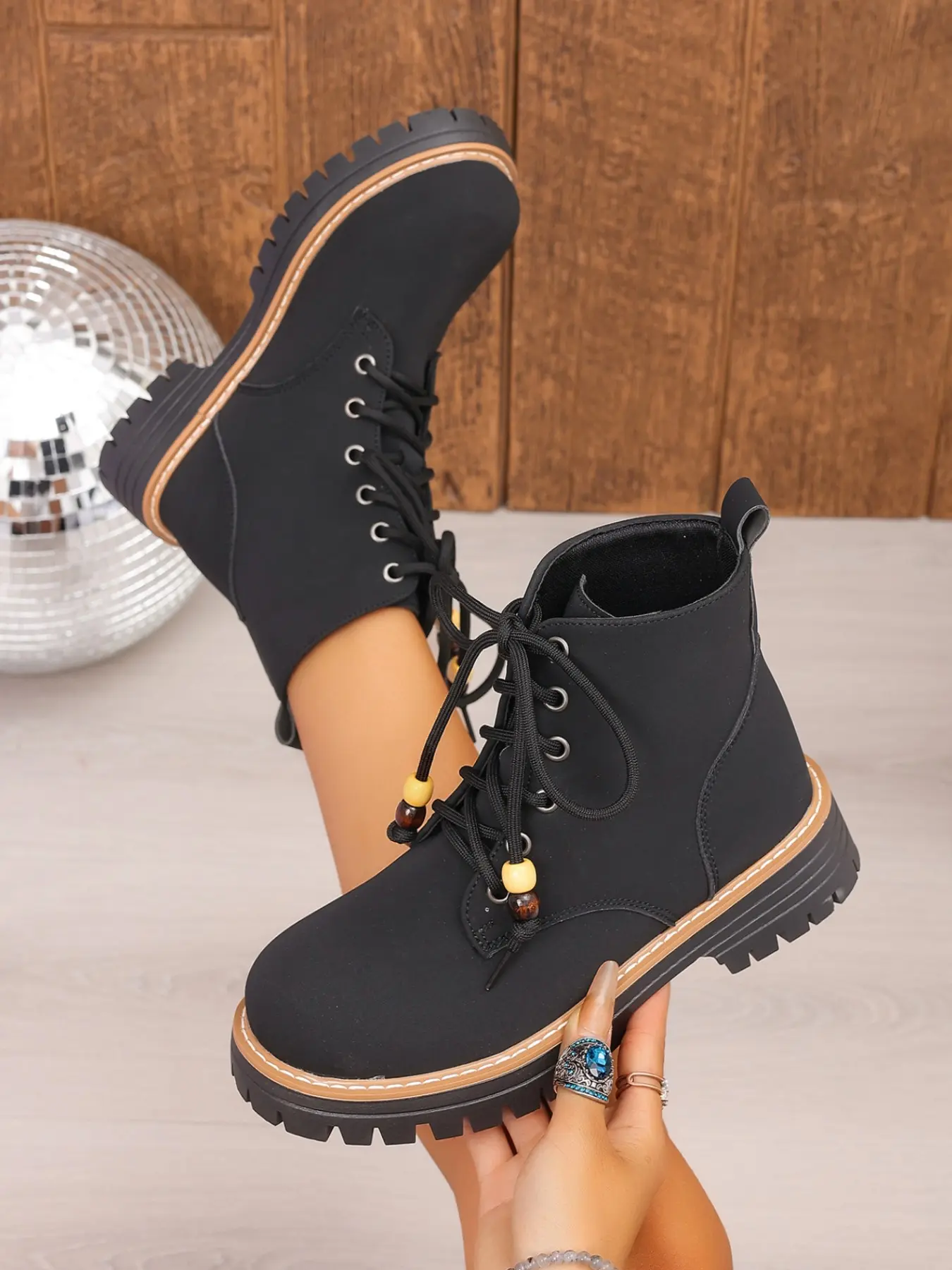 Women's Black Lace Up Combat Boots, Chunky Lug Sole Ankle Boots, Comfortable Casual Work School Outdoor Fashion Boots for Fall Winter Footwear