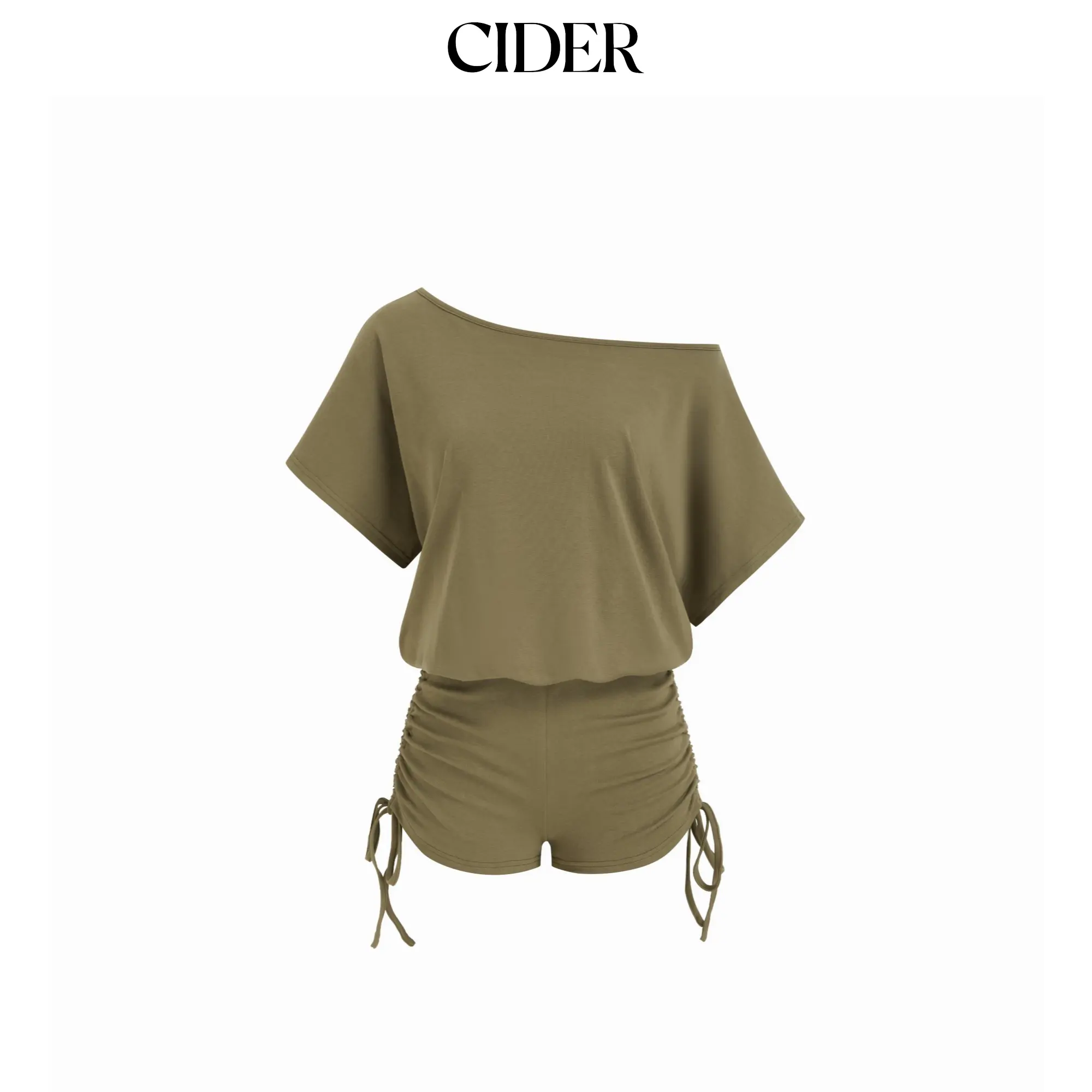 Cider Asymmetrical Neck Drawstring Ruched Tie Back Romper