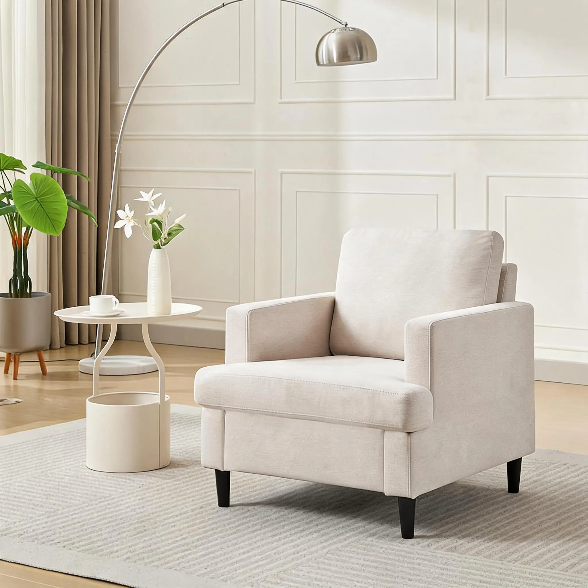 GAOMON Modern Mid-Century Accent Chair, Linen Upholstered Armchair with Solid Wood Legs, 350lbs Heavy Duty, High-Density Foam Seat, Ergonomic Backrest, Easy Assembly, for Living Room Bedroom Office Reading Nook, Grey/Beige