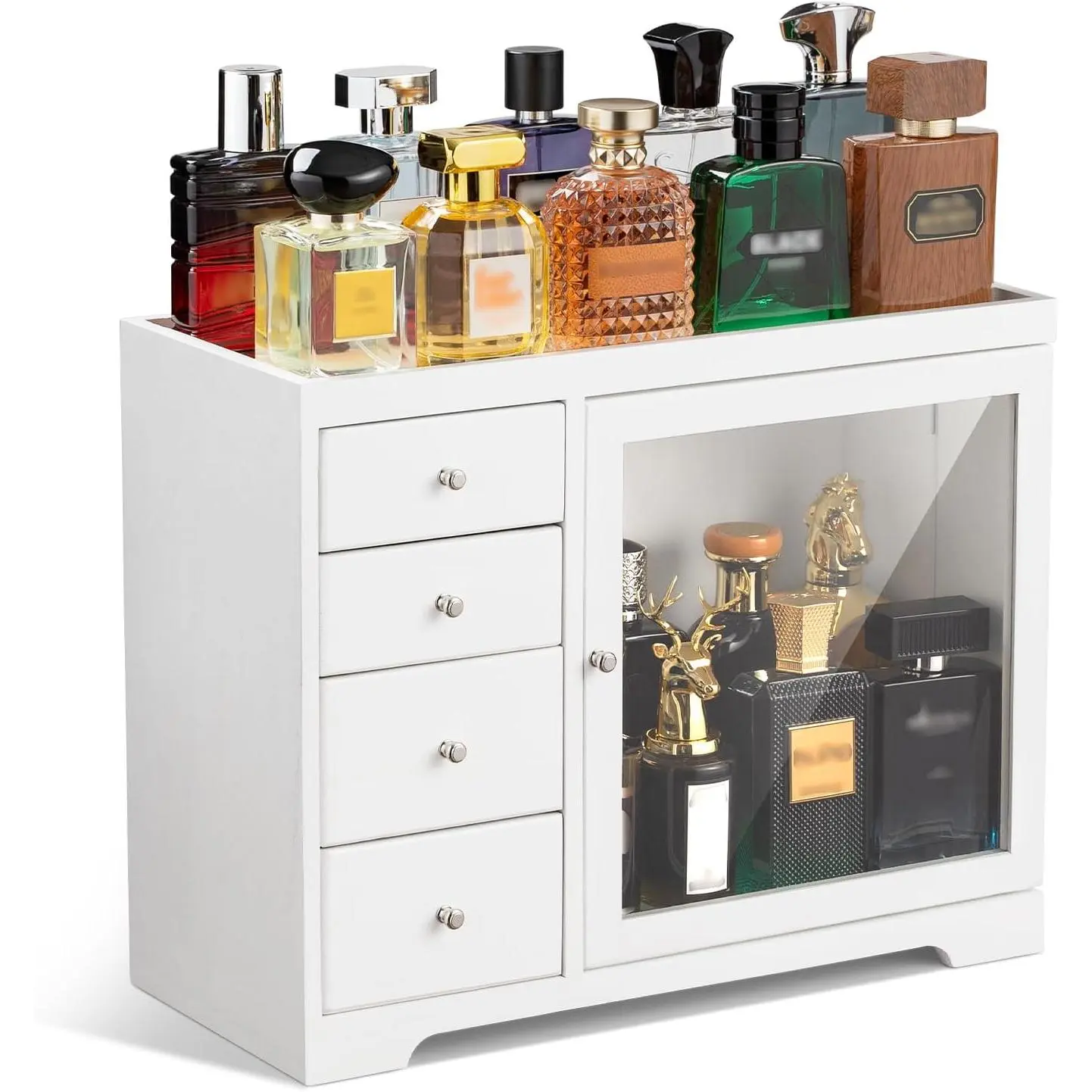 Cologne Organizer for Men, 5 Tier Large Capacity organizador de perfumes, Wooden  Perfumes Organizer Cologne Stand with 4 Drawer Storage,Gifts Ideas for Loved ones (White)