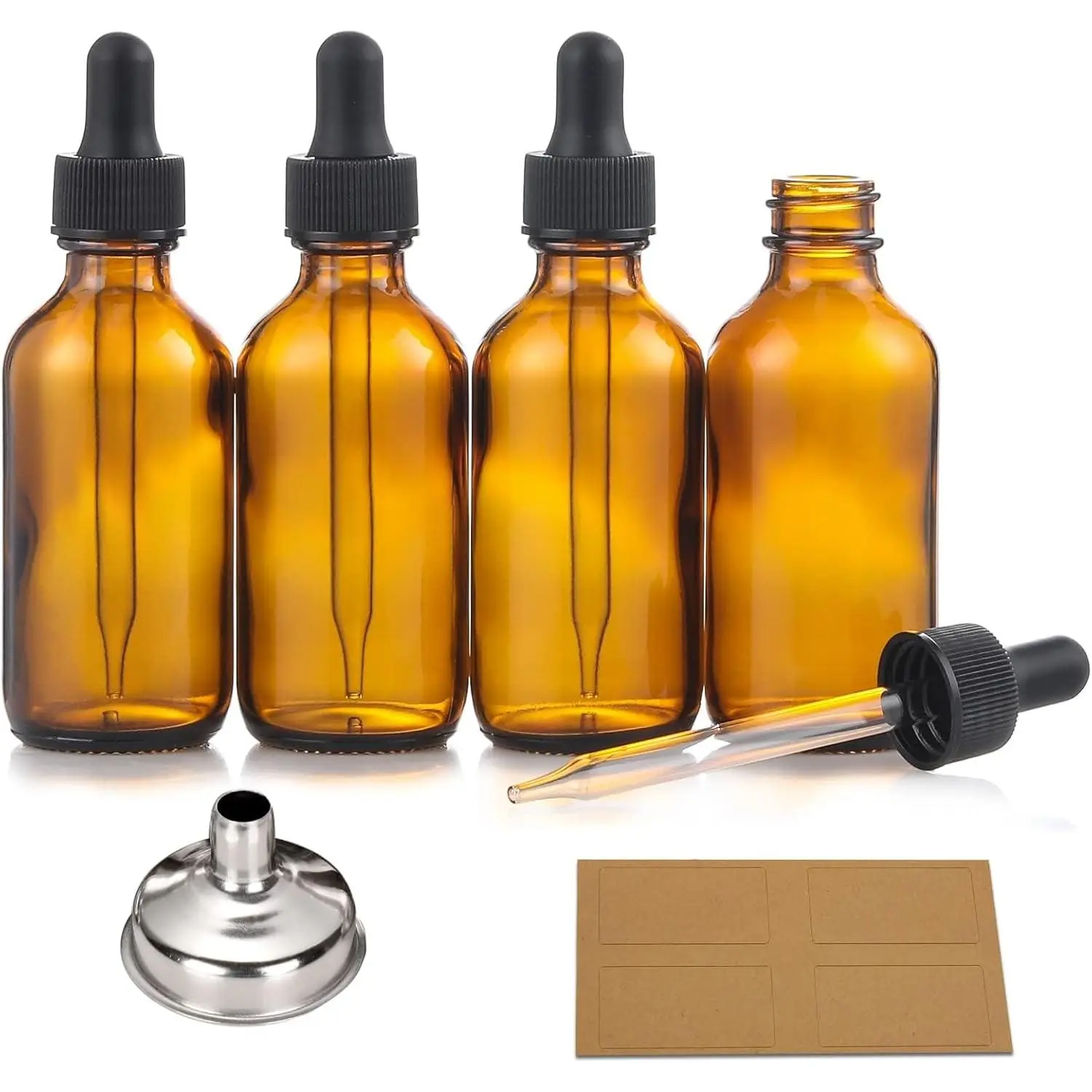 4 Pack, 2 oz Bottles with Dropper & 1 Funnel & 4 Labels - Essential Oils Bottles for , Personal Care & Beauty - 60ml Thick Dark  Glass Tincture Bottles, Refillable  Containers